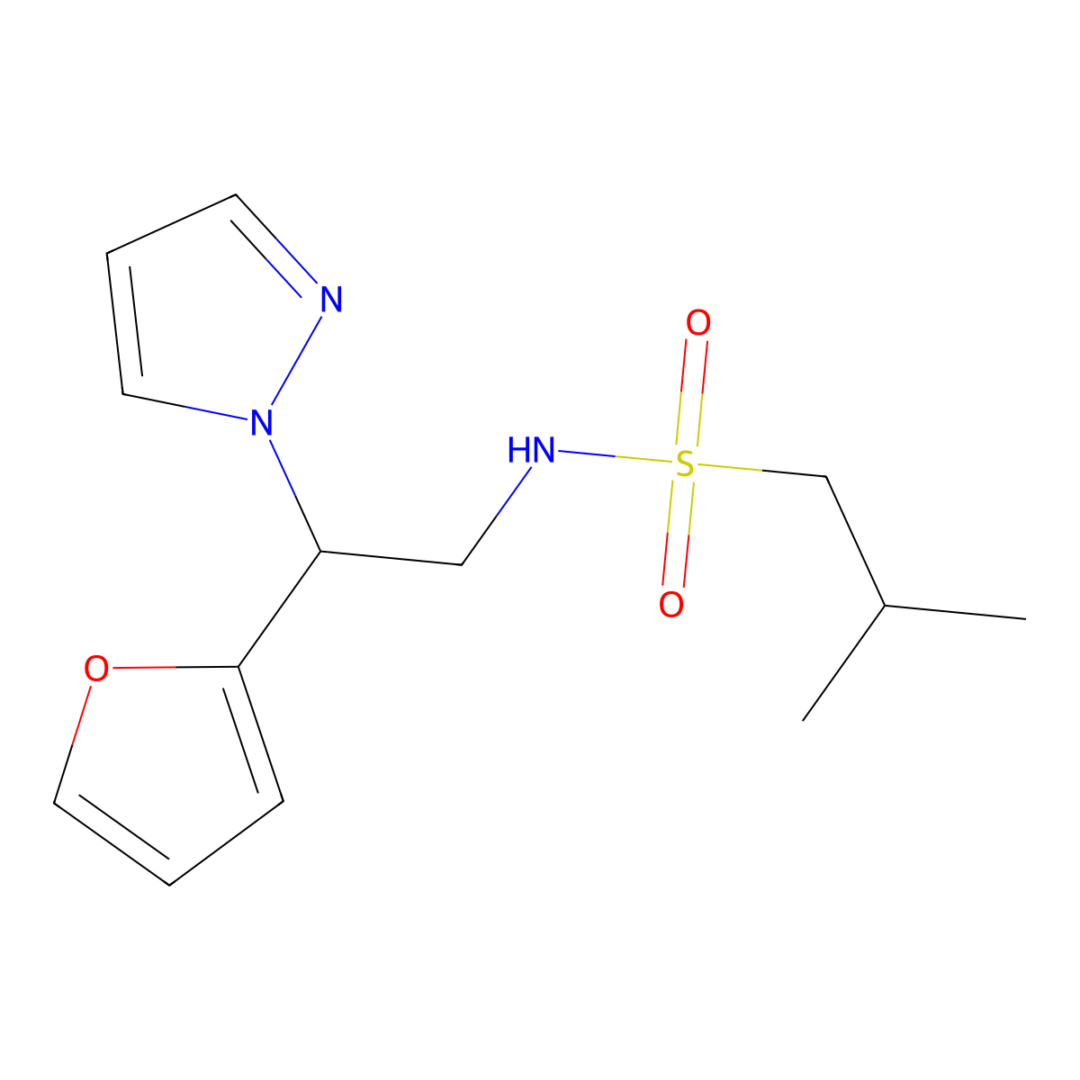 N-(2-(furan-2-yl)-2-(1H-pyrazol-1-yl)ethyl)-2-methylpropane-1-sulfonamide molecular structure, CAS 2034544-96-0