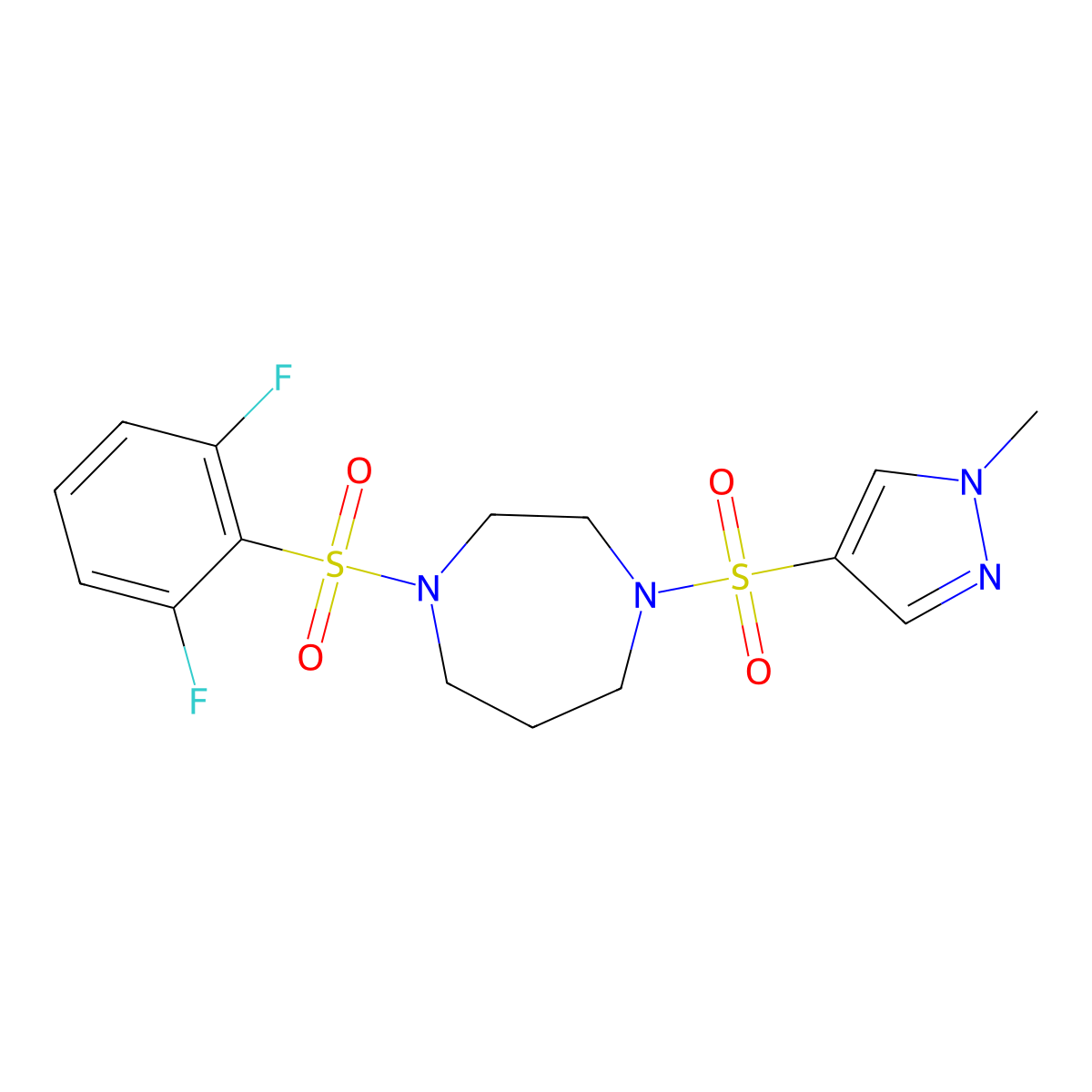 1-((2,6-difluorophenyl)sulfonyl)-4-((1-methyl-1H-pyrazol-4-yl)sulfonyl)-1,4-diazepane molecular structure, CAS 2034545-05-4