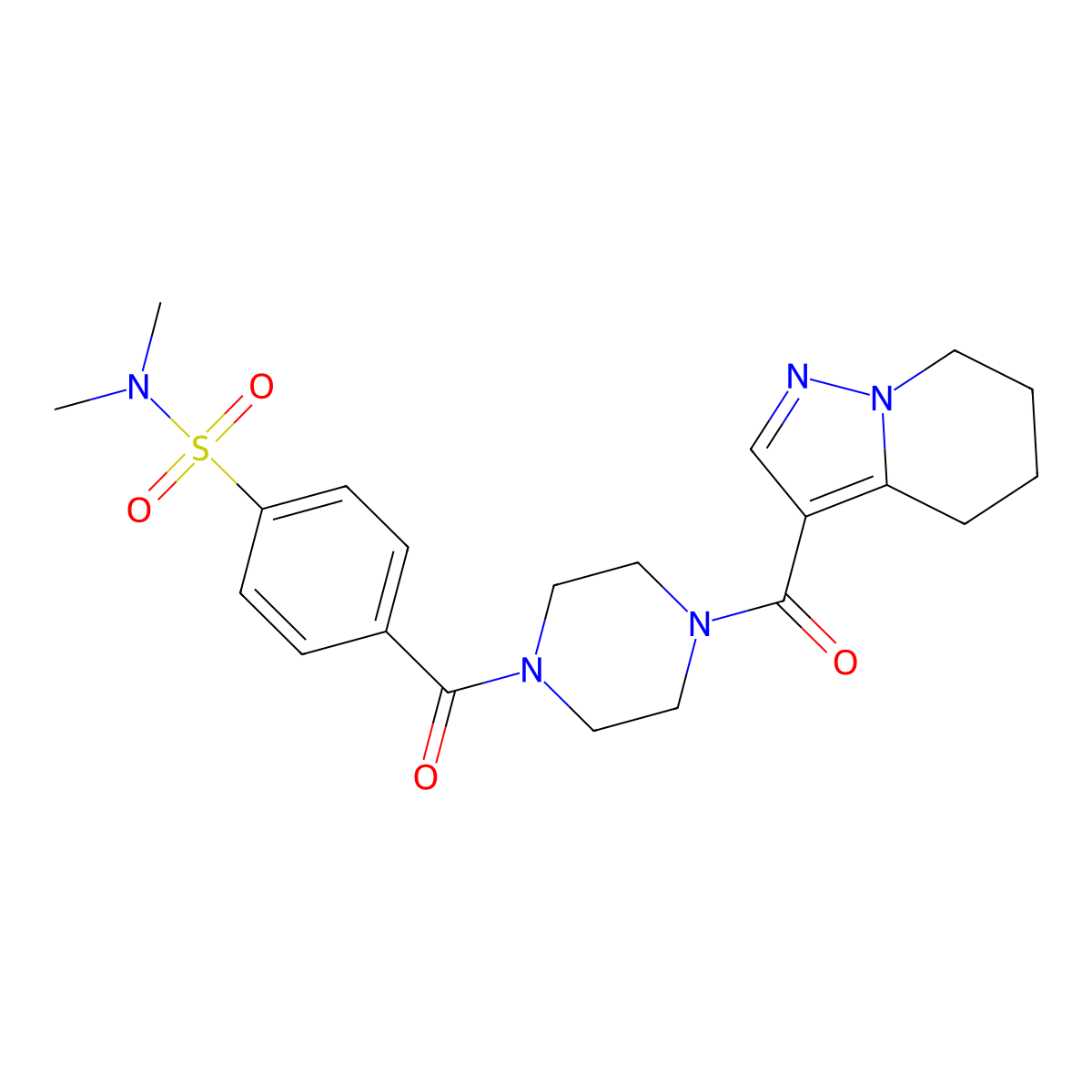 N,N-dimethyl-4-(4-(4,5,6,7-tetrahydropyrazolo[1,5-a]pyridine-3-carbonyl)piperazine-1-carbonyl)benzenesulfonamide molecular structure, CAS 2034545-11-2