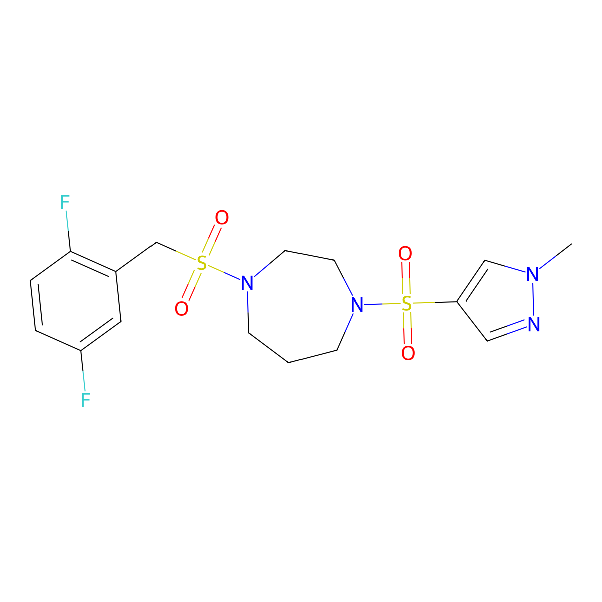 1-((2,5-difluorobenzyl)sulfonyl)-4-((1-methyl-1H-pyrazol-4-yl)sulfonyl)-1,4-diazepane molecular structure, CAS 2034545-13-4