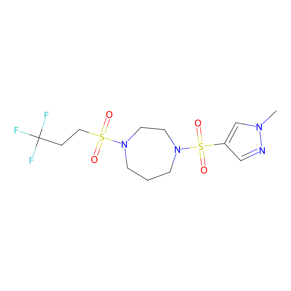 1-((1-methyl-1H-pyrazol-4-yl)sulfonyl)-4-((3,3,3-trifluoropropyl)sulfonyl)-1,4-diazepane molecular structure, CAS 2034545-20-3