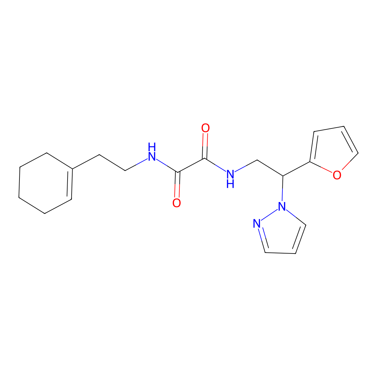 N1-(2-(cyclohex-1-en-1-yl)ethyl)-N2-(2-(furan-2-yl)-2-(1H-pyrazol-1-yl)ethyl)oxalamide molecular structure, CAS 2034545-45-2