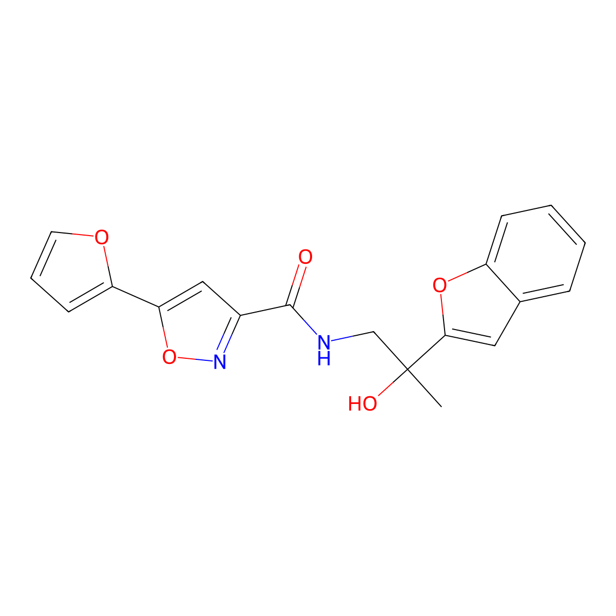 N-(2-(benzofuran-2-yl)-2-hydroxypropyl)-5-(furan-2-yl)isoxazole-3-carboxamide molecular structure, CAS 2034545-54-3