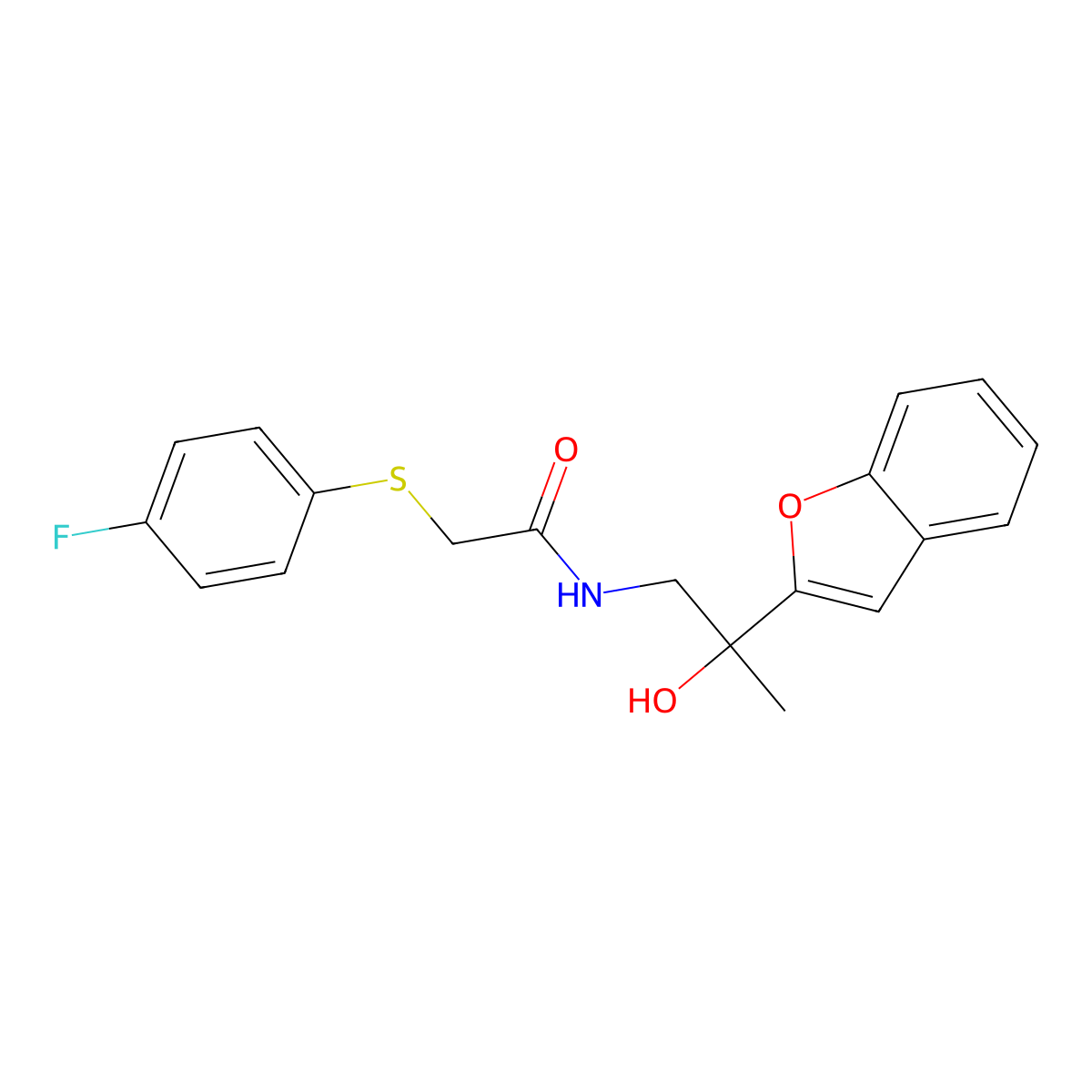 N-(2-(benzofuran-2-yl)-2-hydroxypropyl)-2-((4-fluorophenyl)thio)acetamide molecular structure, CAS 2034545-57-6