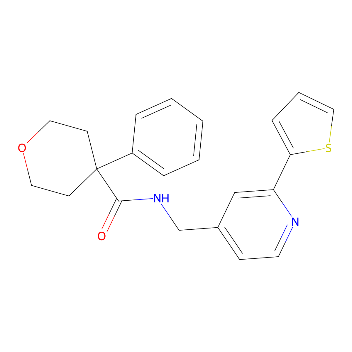 4-phenyl-N-((2-(thiophen-2-yl)pyridin-4-yl)methyl)tetrahydro-2H-pyran-4-carboxamide molecular structure, CAS 2034545-61-2
