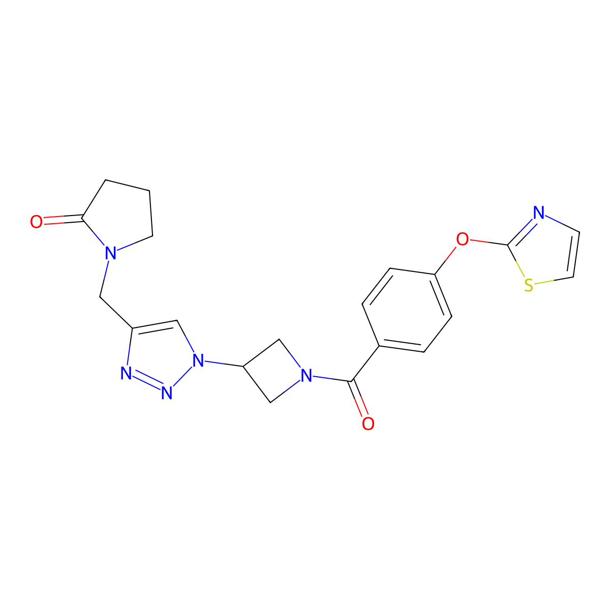 1-((1-(1-(4-(thiazol-2-yloxy)benzoyl)azetidin-3-yl)-1H-1,2,3-triazol-4-yl)methyl)pyrrolidin-2-one molecular structure, CAS 2034545-62-3