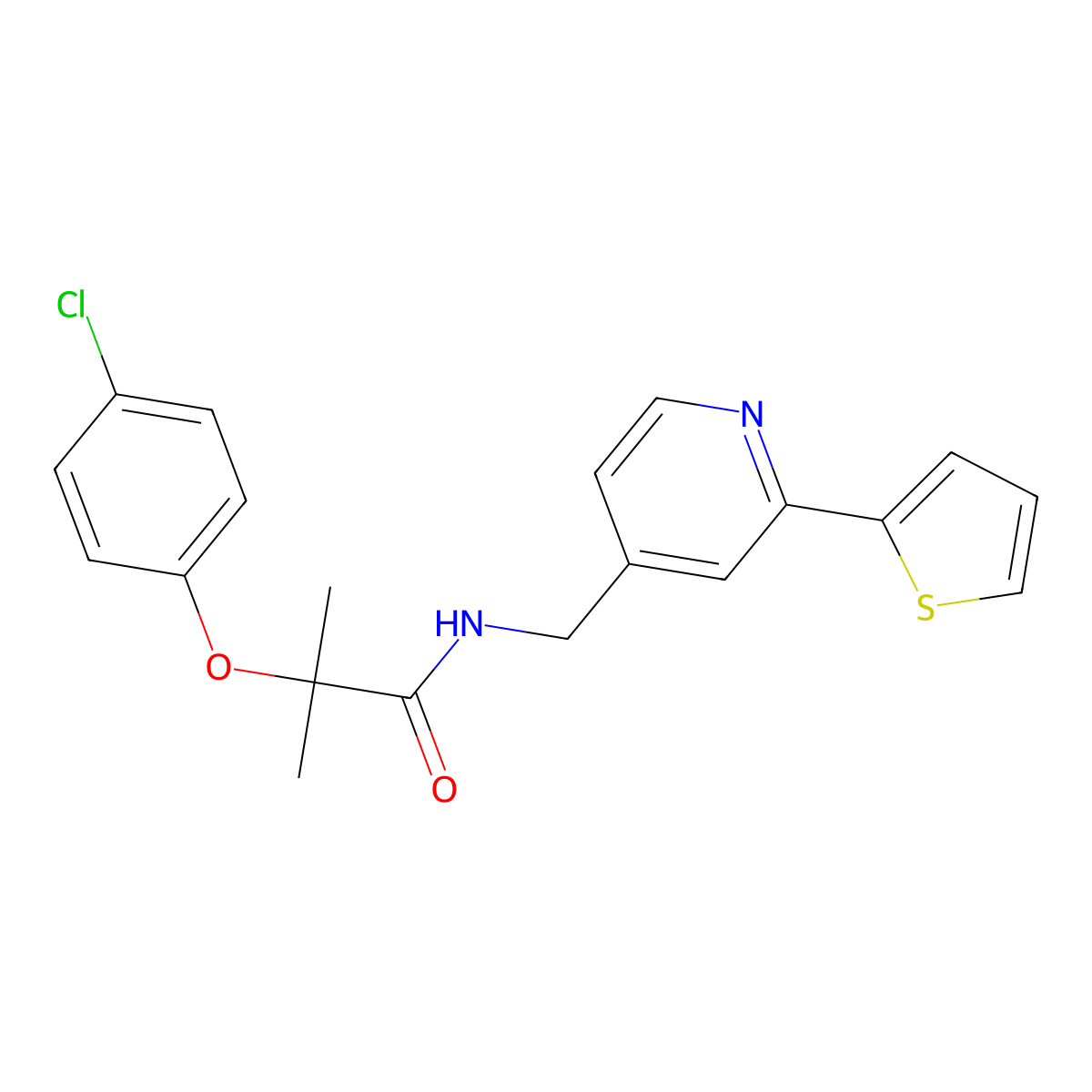 2-(4-chlorophenoxy)-2-methyl-N-{[2-(thiophen-2-yl)pyridin-4-yl]methyl}propanamide molecular structure, CAS 2034545-68-9