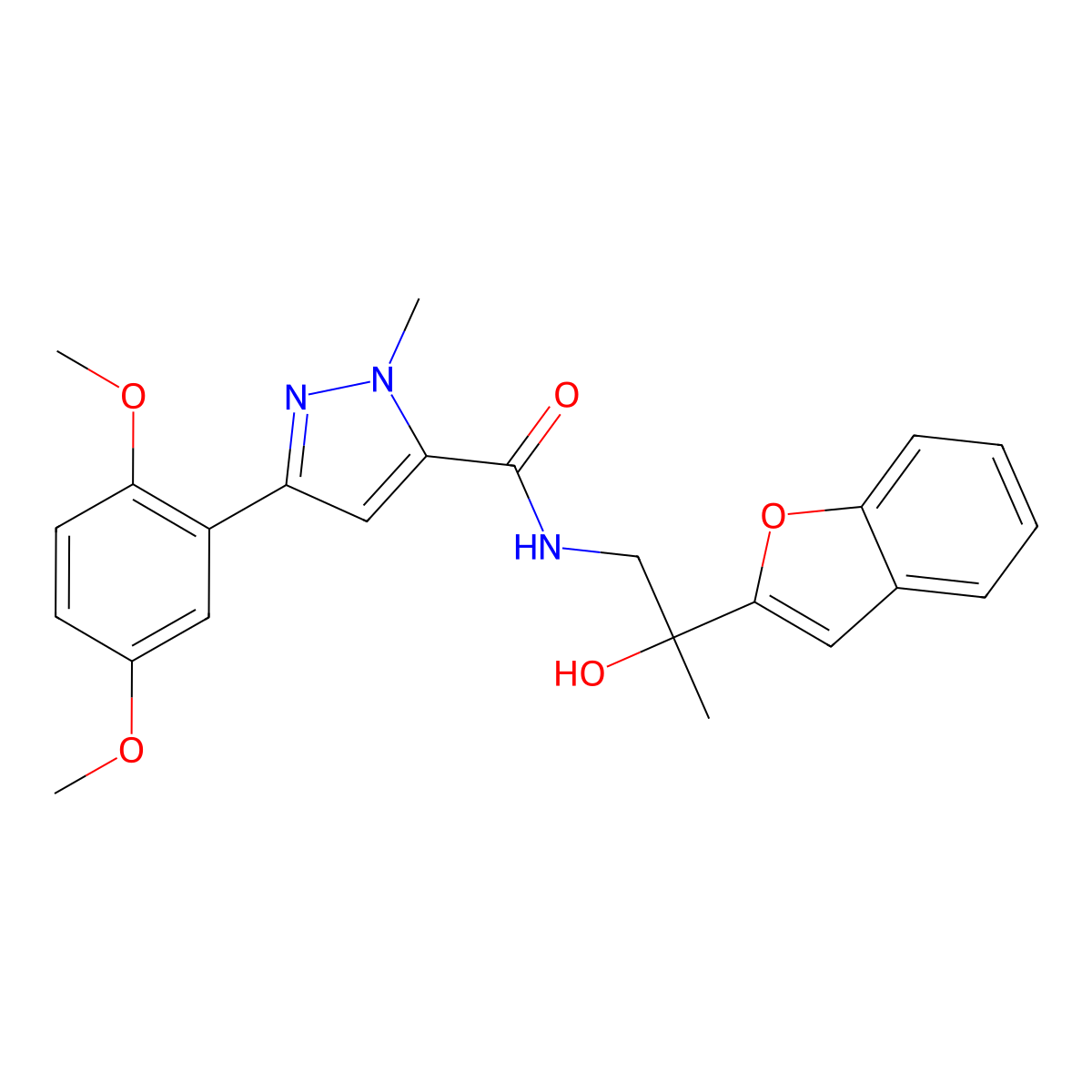 N-(2-(benzofuran-2-yl)-2-hydroxypropyl)-3-(2,5-dimethoxyphenyl)-1-methyl-1H-pyrazole-5-carboxamide molecular structure, CAS 2034545-83-8