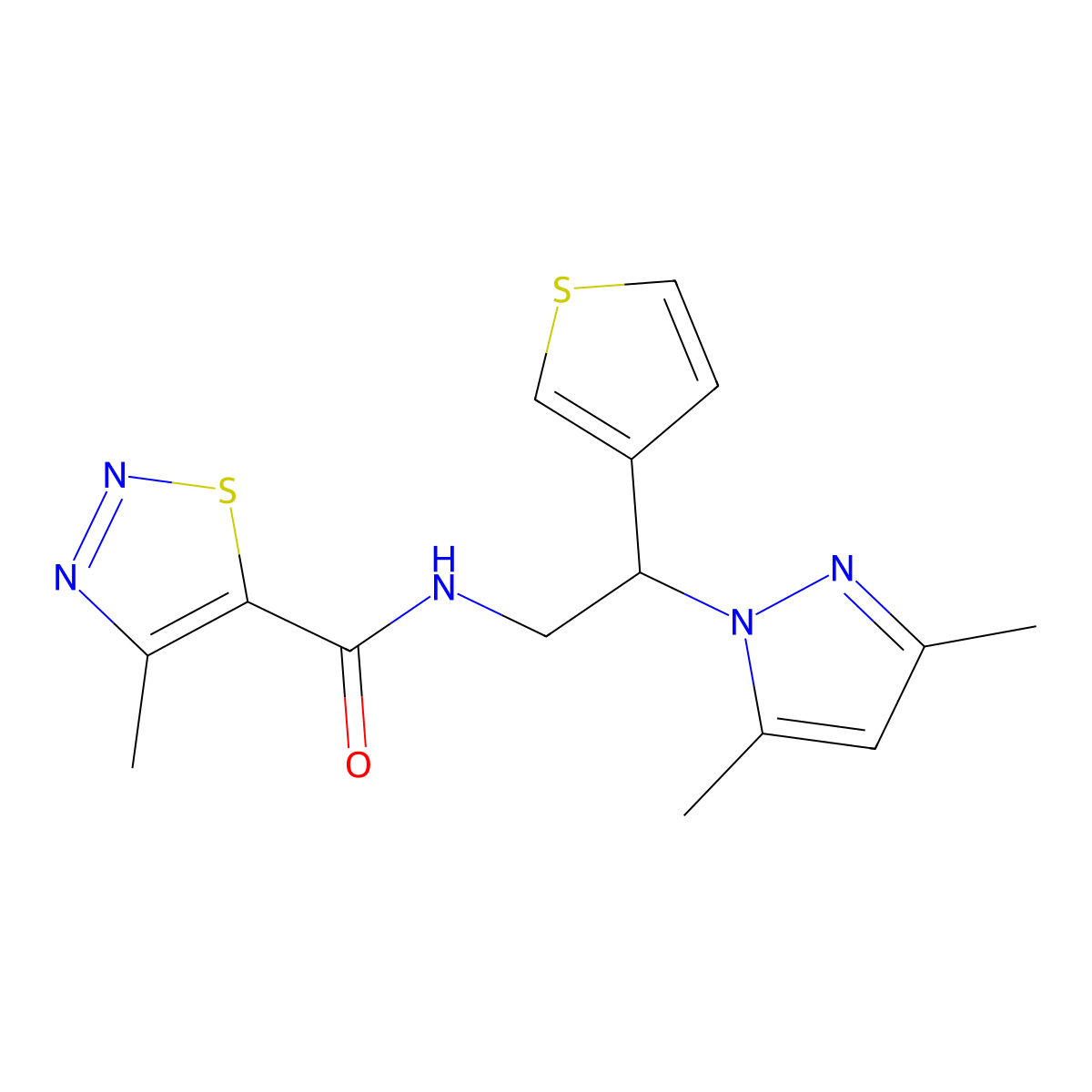 N-[2-(3,5-dimethyl-1H-pyrazol-1-yl)-2-(thiophen-3-yl)ethyl]-4-methyl-1,2,3-thiadiazole-5-carboxamide molecular structure, CAS 2034545-92-9