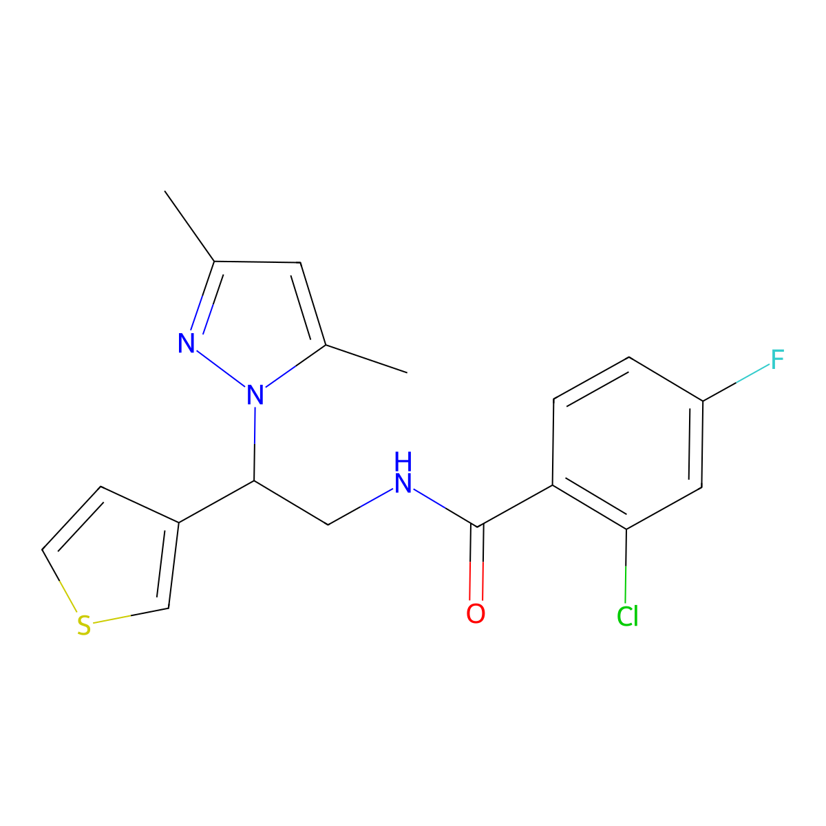 2-chloro-N-(2-(3,5-dimethyl-1H-pyrazol-1-yl)-2-(thiophen-3-yl)ethyl)-4-fluorobenzamide molecular structure, CAS 2034546-04-6