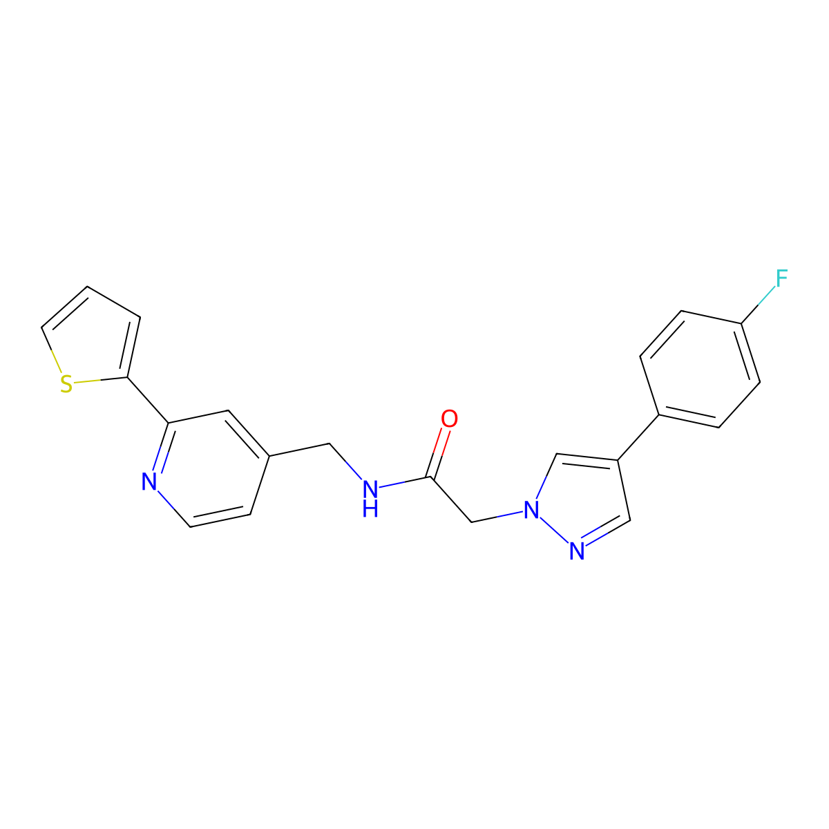 2-[4-(4-fluorophenyl)-1H-pyrazol-1-yl]-N-{[2-(thiophen-2-yl)pyridin-4-yl]methyl}acetamide molecular structure, CAS 2034546-05-7
