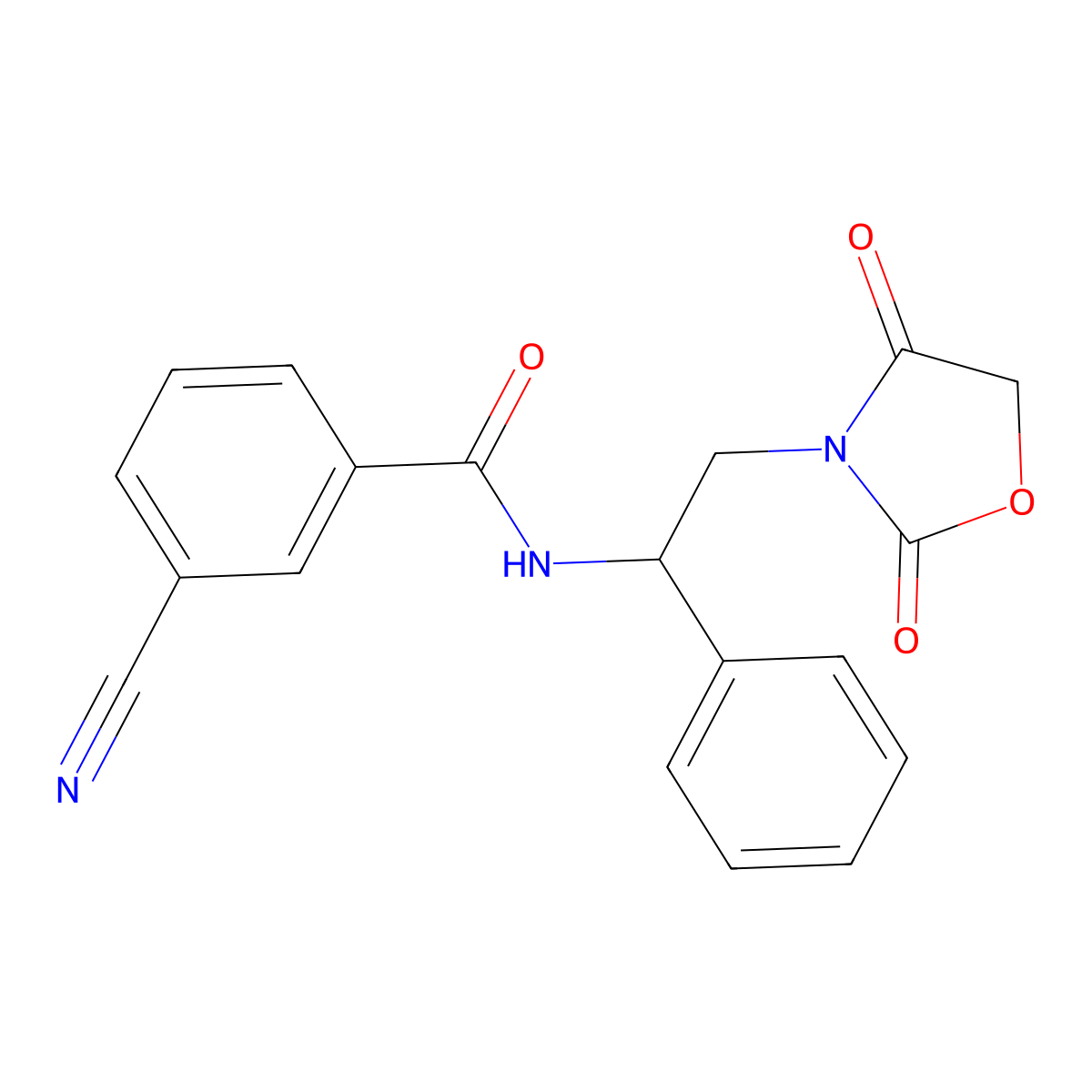 3-cyano-N-(2-(2,4-dioxooxazolidin-3-yl)-1-phenylethyl)benzamide molecular structure, CAS 2034546-08-0