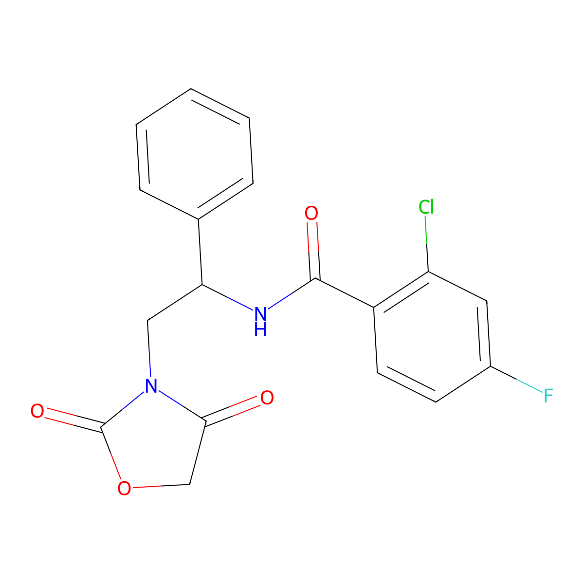 2-chloro-N-(2-(2,4-dioxooxazolidin-3-yl)-1-phenylethyl)-4-fluorobenzamide molecular structure, CAS 2034546-14-8