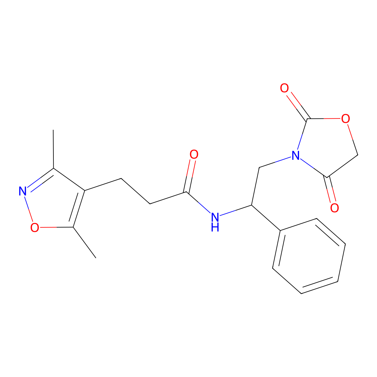 3-(3,5-dimethylisoxazol-4-yl)-N-(2-(2,4-dioxooxazolidin-3-yl)-1-phenylethyl)propanamide molecular structure, CAS 2034546-23-9