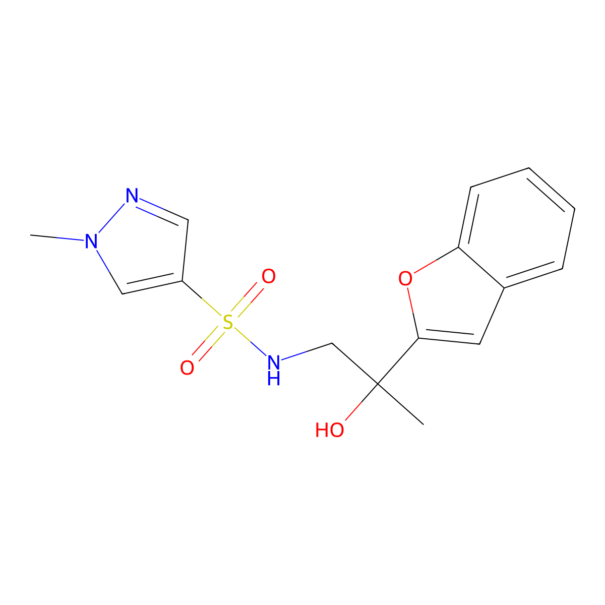 N-(2-(benzofuran-2-yl)-2-hydroxypropyl)-1-methyl-1H-pyrazole-4-sulfonamide molecular structure, CAS 2034546-24-0