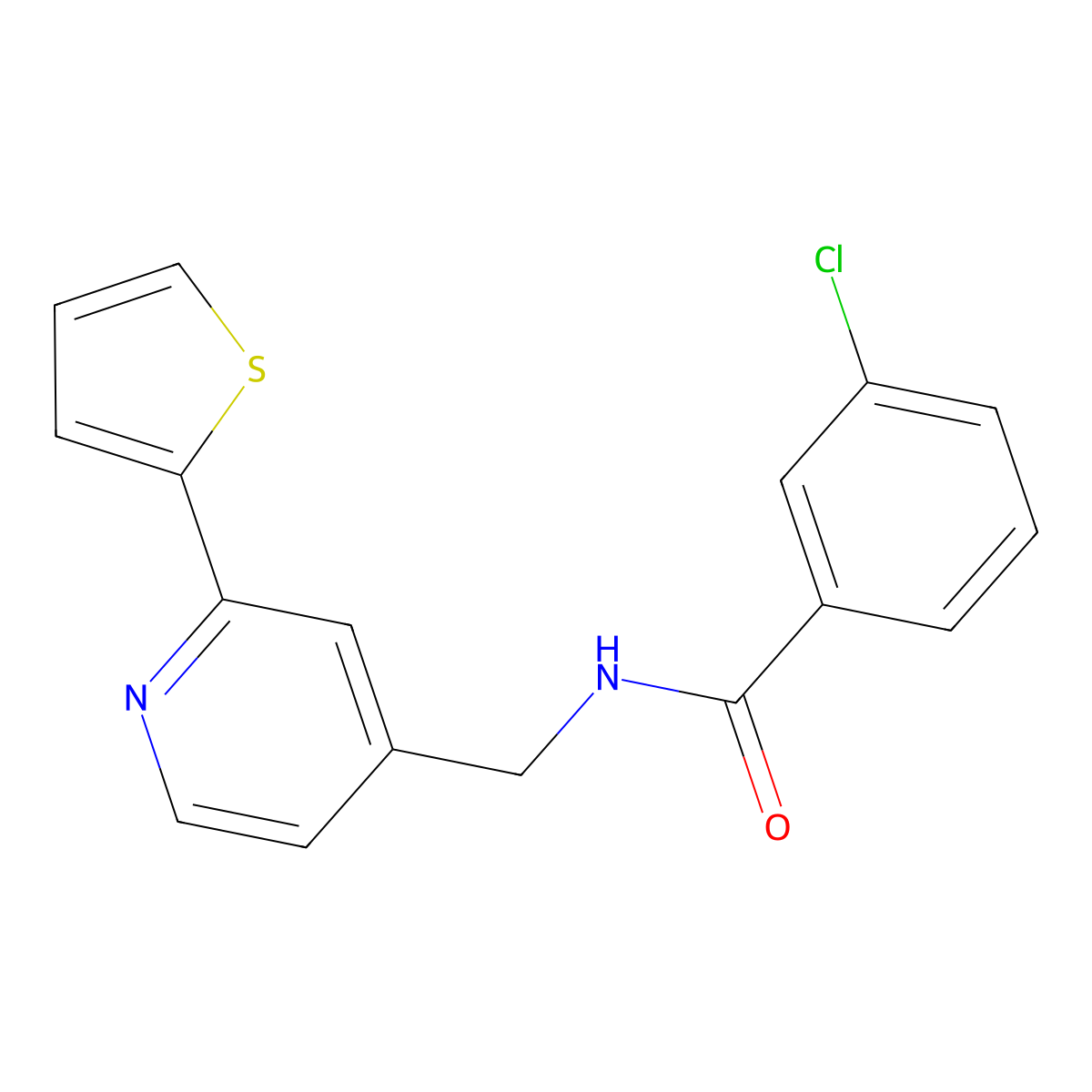 3-chloro-N-{[2-(thiophen-2-yl)pyridin-4-yl]methyl}benzamide molecular structure, CAS 2034546-25-1