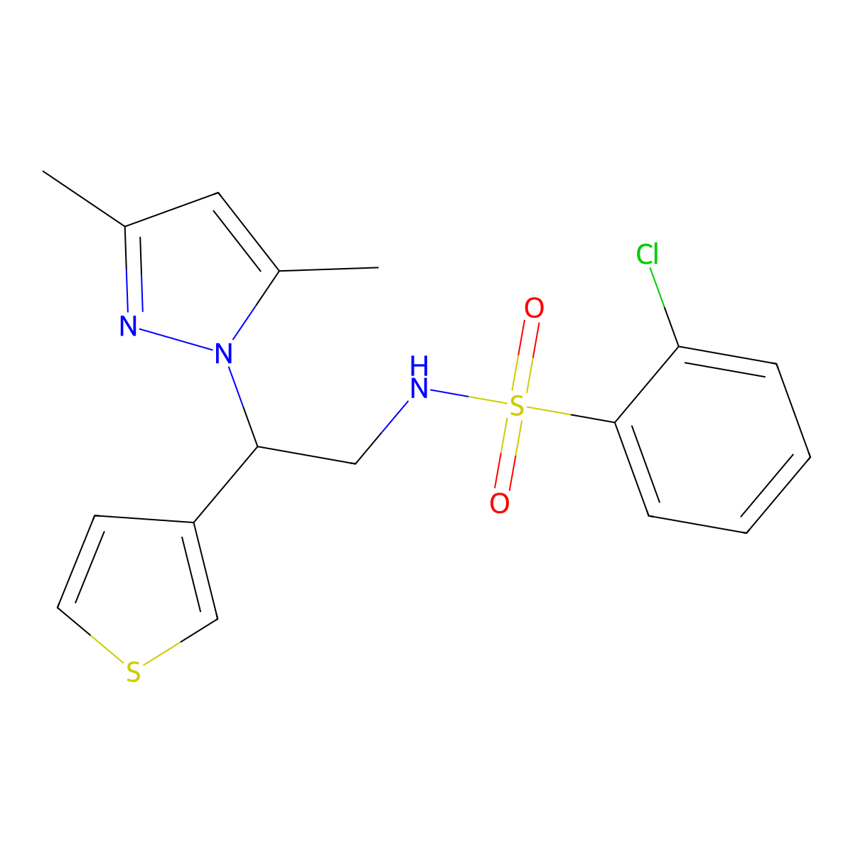 2-chloro-N-(2-(3,5-dimethyl-1H-pyrazol-1-yl)-2-(thiophen-3-yl)ethyl)benzenesulfonamide molecular structure, CAS 2034546-26-2