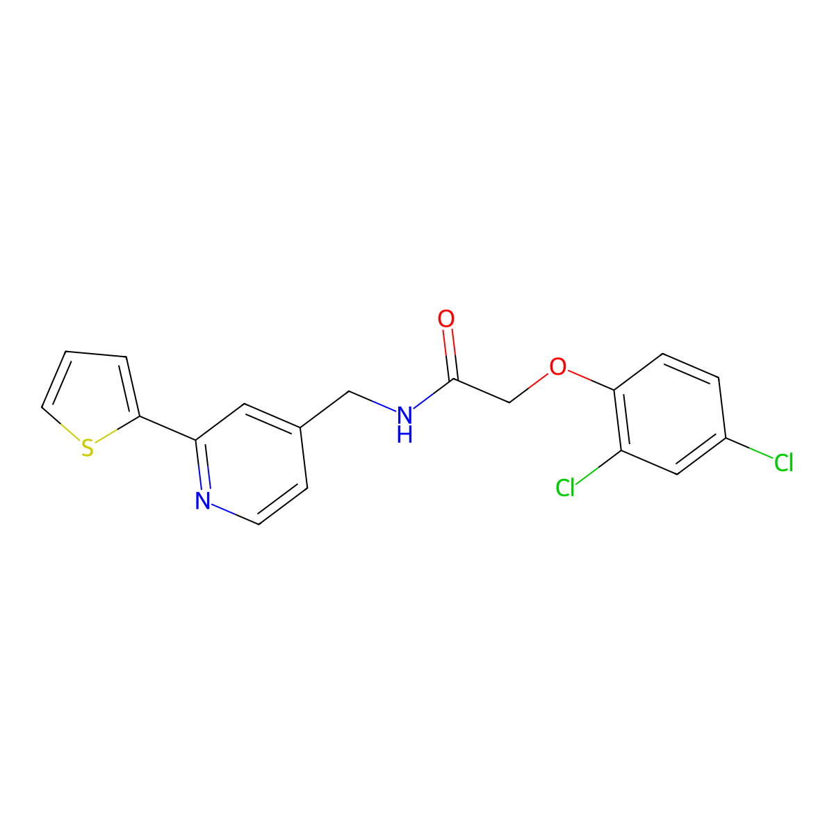 2-(2,4-dichlorophenoxy)-N-((2-(thiophen-2-yl)pyridin-4-yl)methyl)acetamide molecular structure, CAS 2034546-30-8