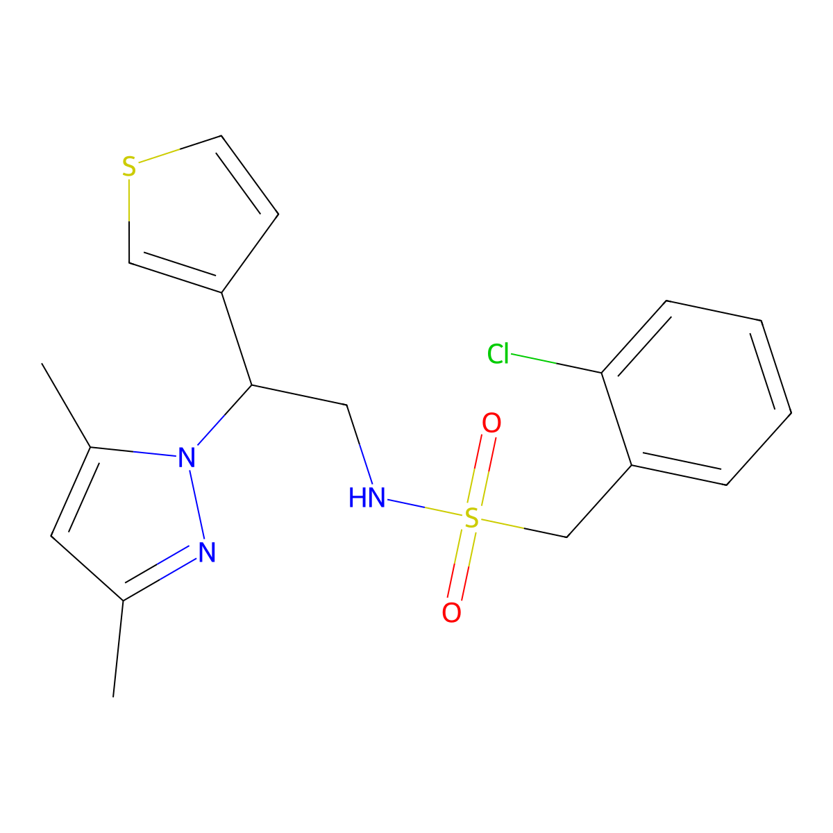 1-(2-chlorophenyl)-N-(2-(3,5-dimethyl-1H-pyrazol-1-yl)-2-(thiophen-3-yl)ethyl)methanesulfonamide molecular structure, CAS 2034546-33-1