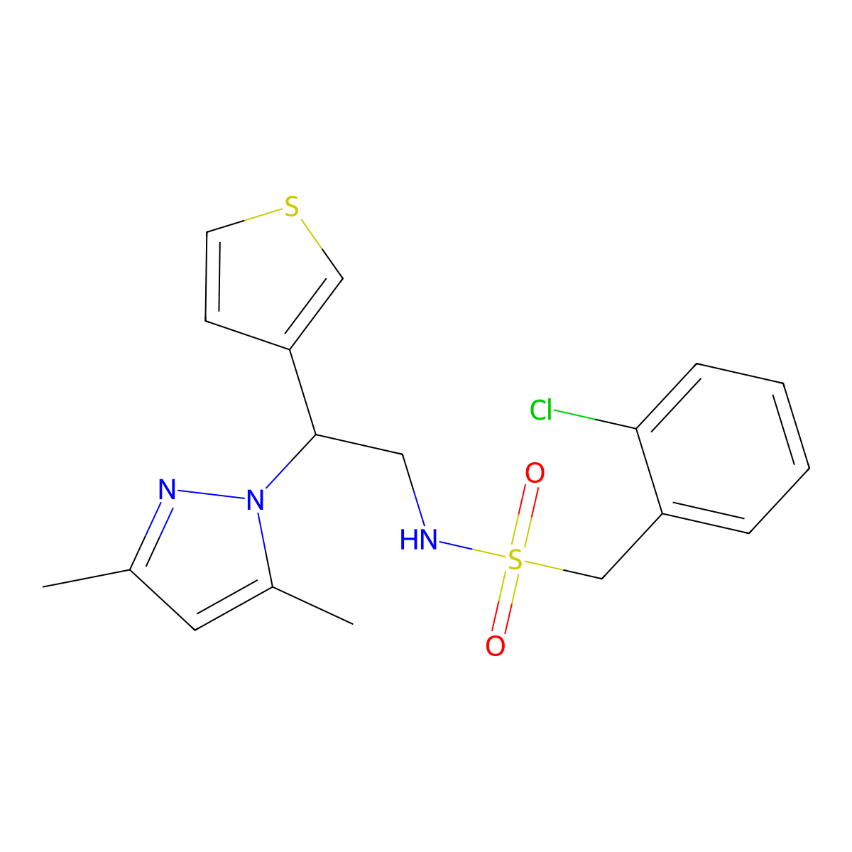 1-(2-chlorophenyl)-N-(2-(3,5-dimethyl-1H-pyrazol-1-yl)-2-(thiophen-3-yl)ethyl)methanesulfonamide molecular structure, CAS 2034546-33-1