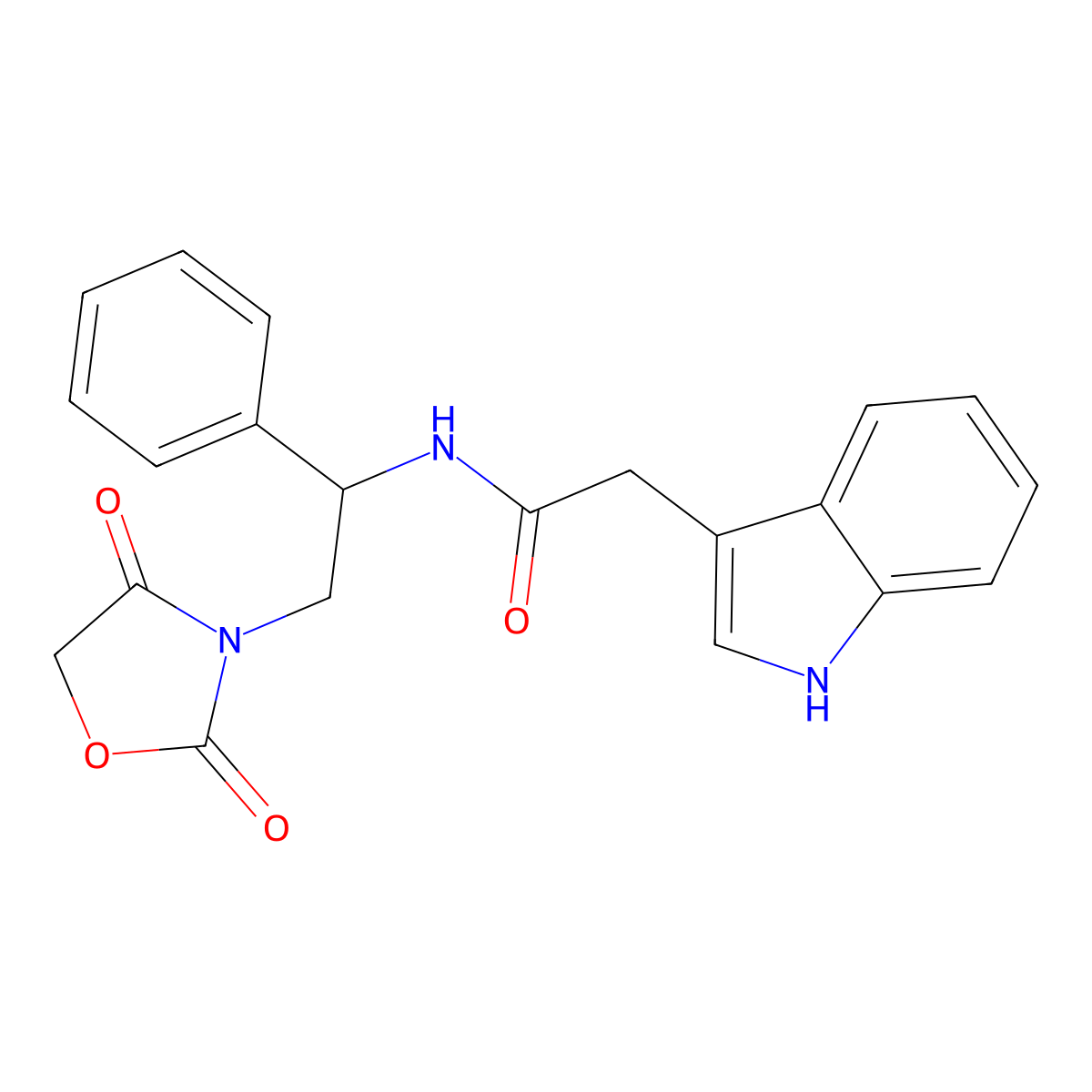 N-(2-(2,4-dioxooxazolidin-3-yl)-1-phenylethyl)-2-(1H-indol-3-yl)acetamide molecular structure, CAS 2034546-43-3