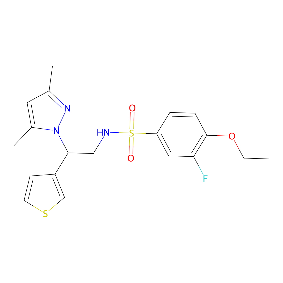 N-(2-(3,5-dimethyl-1H-pyrazol-1-yl)-2-(thiophen-3-yl)ethyl)-4-ethoxy-3-fluorobenzenesulfonamide molecular structure, CAS 2034546-44-4