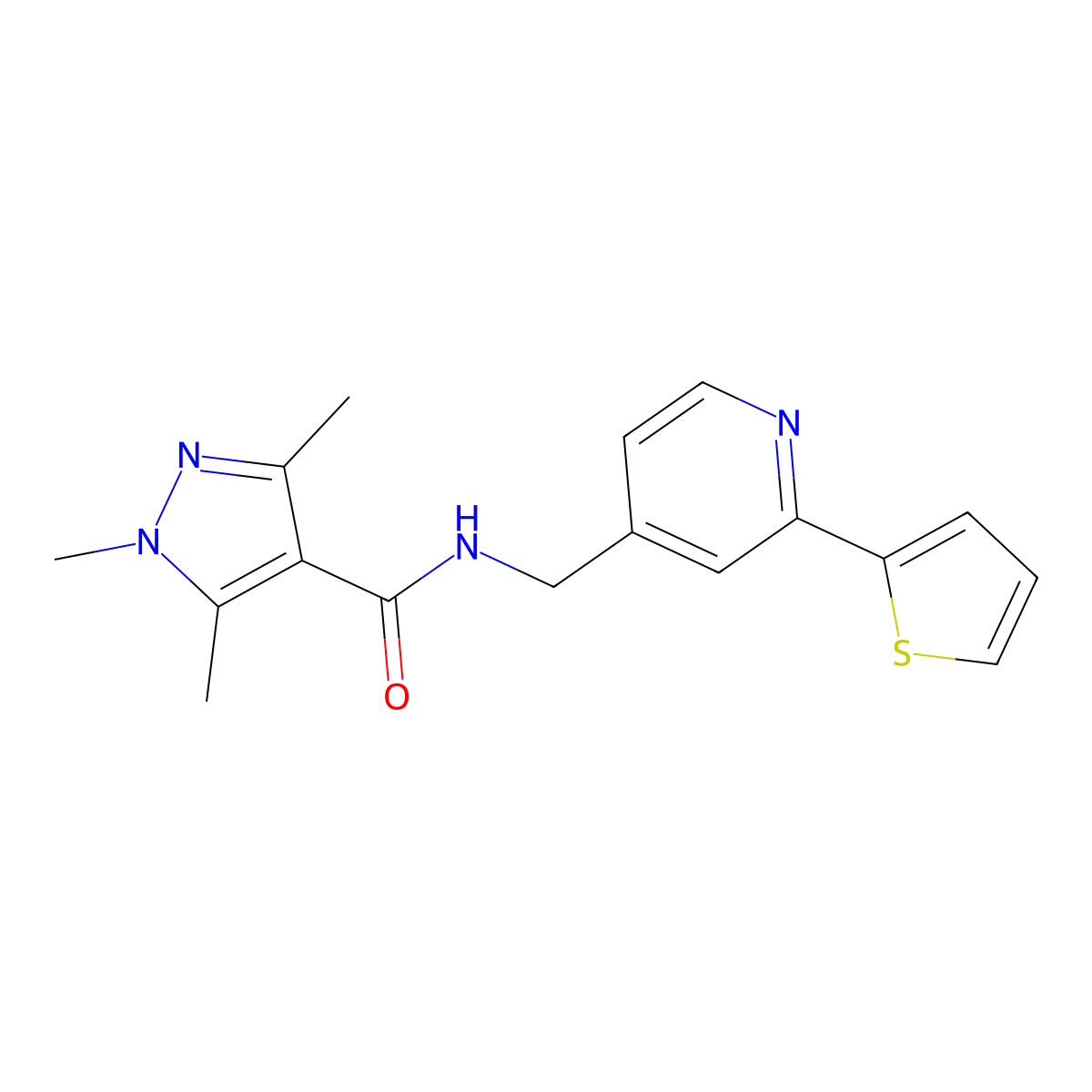 1,3,5-trimethyl-N-((2-(thiophen-2-yl)pyridin-4-yl)methyl)-1H-pyrazole-4-carboxamide molecular structure, CAS 2034546-59-1
