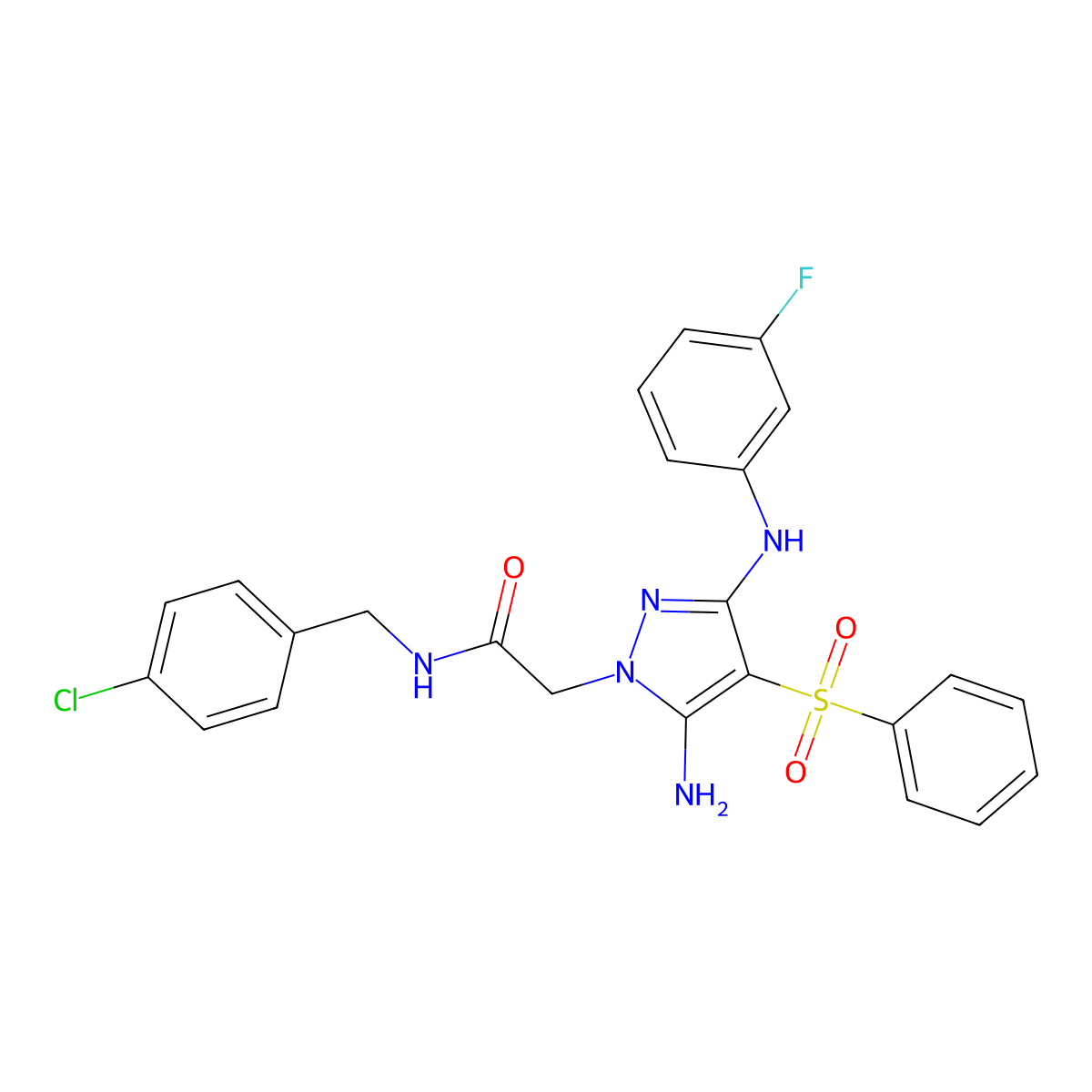2-(5-amino-3-((3-fluorophenyl)amino)-4-(phenylsulfonyl)-1H-pyrazol-1-yl)-N-(4-chlorobenzyl)acetamide molecular structure, CAS 2034546-60-4