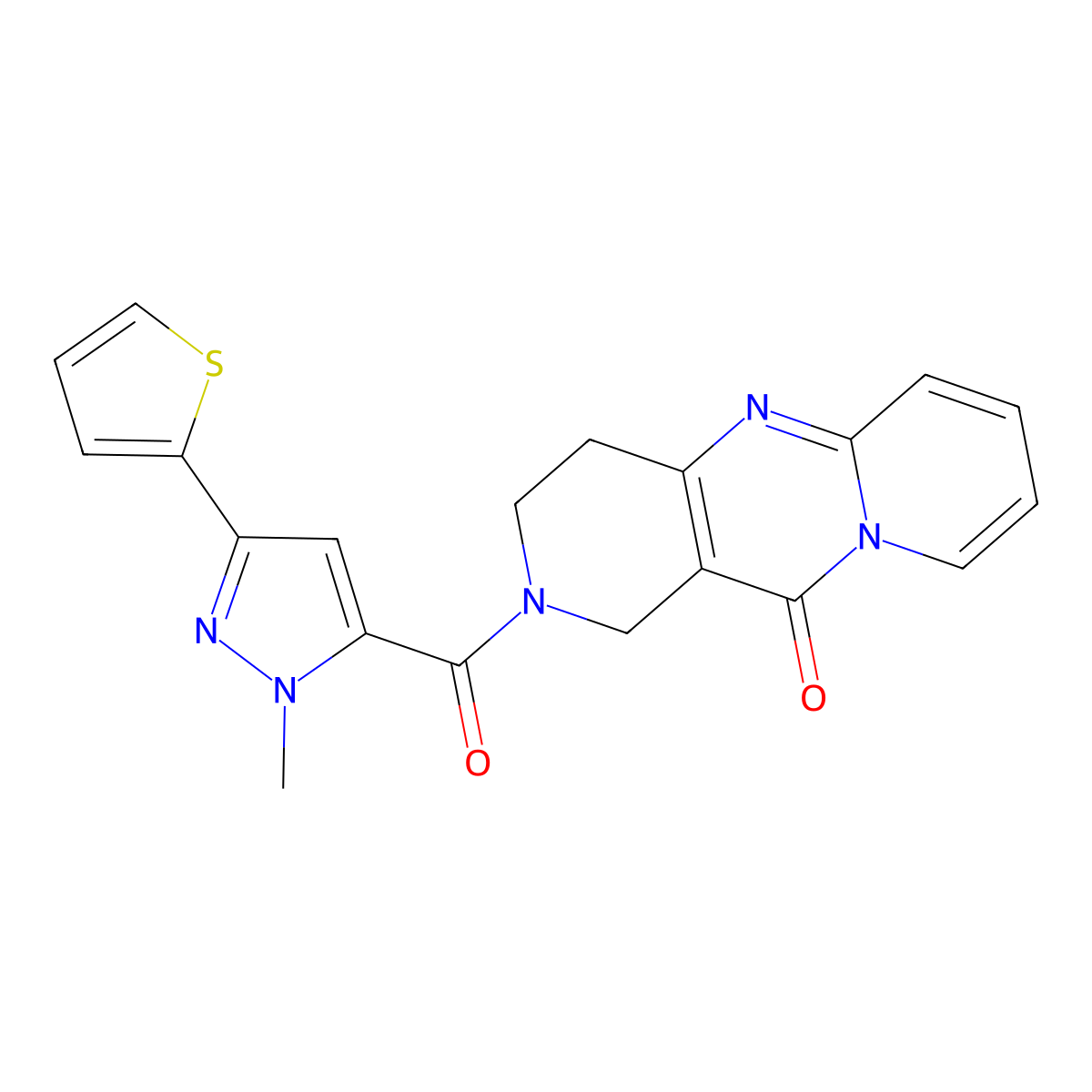 2-(1-methyl-3-(thiophen-2-yl)-1H-pyrazole-5-carbonyl)-3,4-dihydro-1H-dipyrido[1,2-a:4',3'-d]pyrimidin-11(2H)-one molecular structure, CAS 2034546-67-1