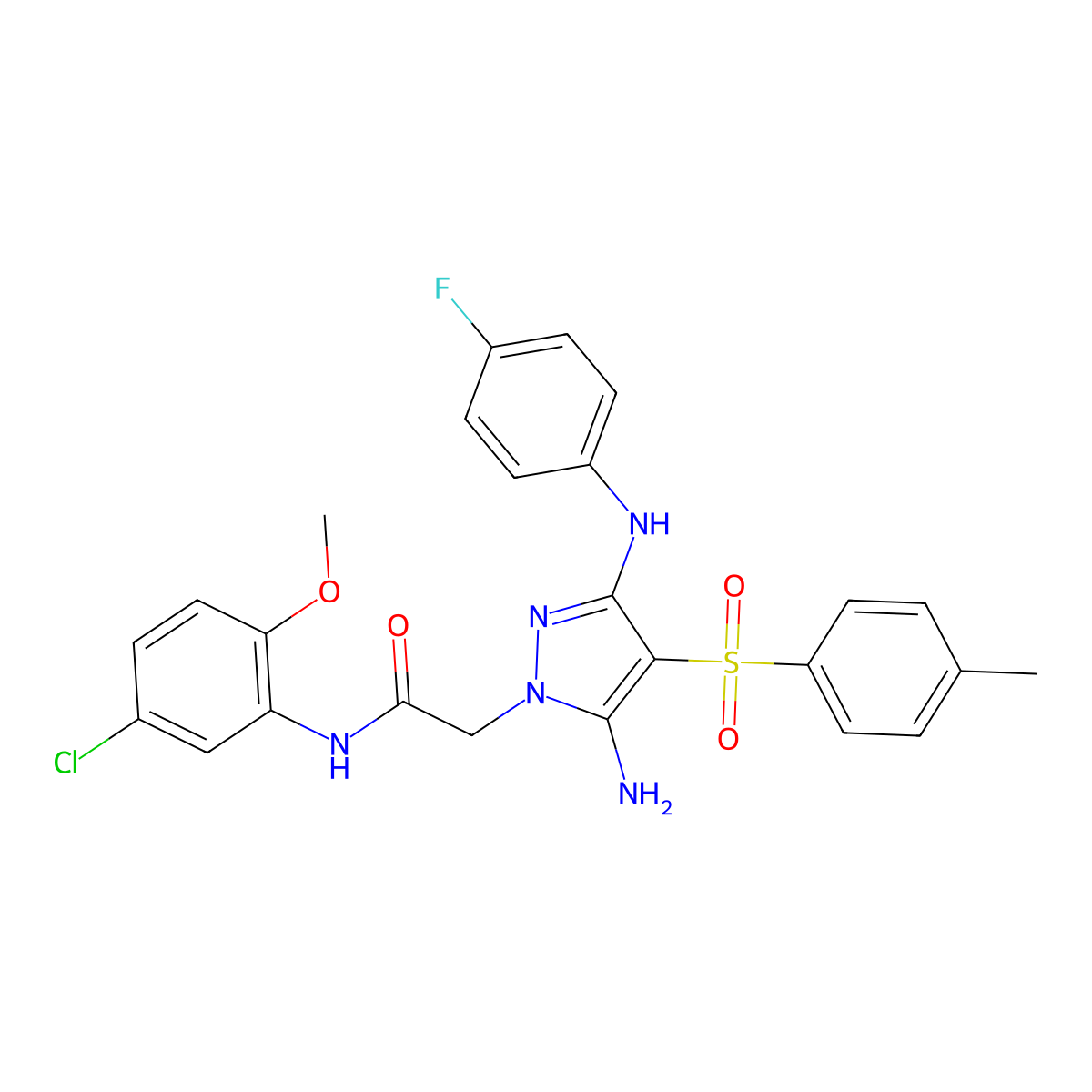 2-(5-amino-3-((4-fluorophenyl)amino)-4-tosyl-1H-pyrazol-1-yl)-N-(5-chloro-2-methoxyphenyl)acetamide molecular structure, CAS 2034546-74-0