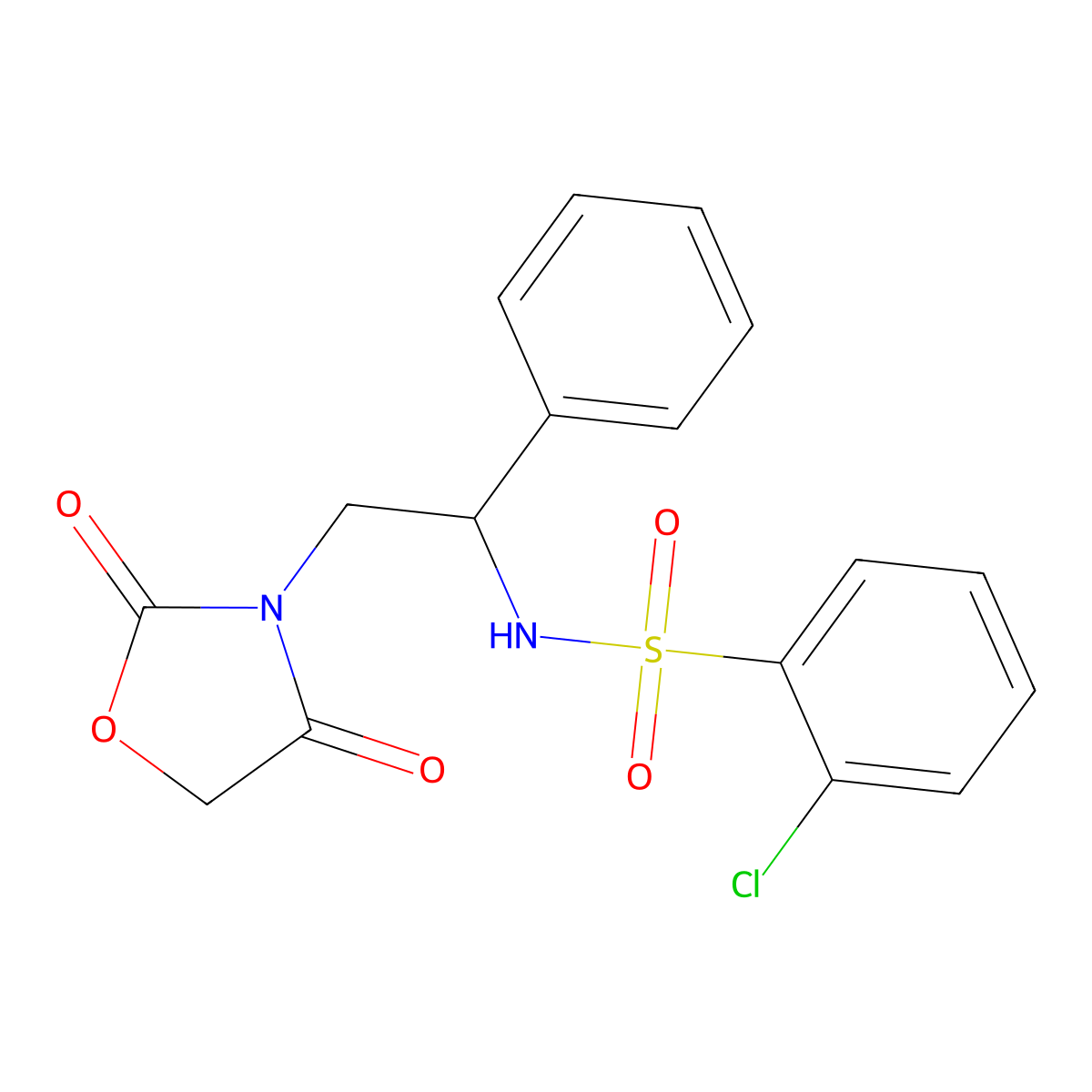 2-chloro-N-(2-(2,4-dioxooxazolidin-3-yl)-1-phenylethyl)benzenesulfonamide molecular structure, CAS 2034546-81-9