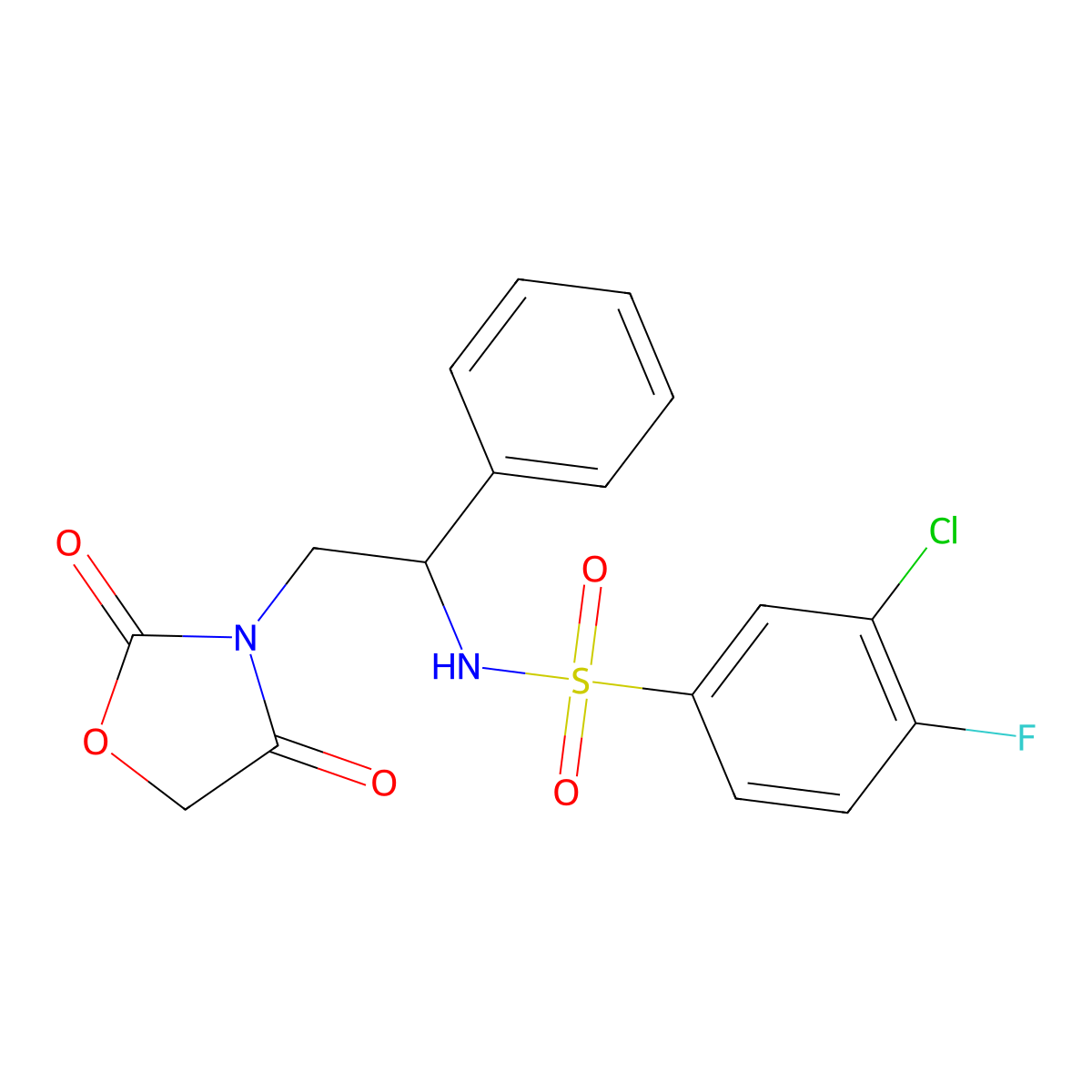3-chloro-N-(2-(2,4-dioxooxazolidin-3-yl)-1-phenylethyl)-4-fluorobenzenesulfonamide molecular structure, CAS 2034546-86-4