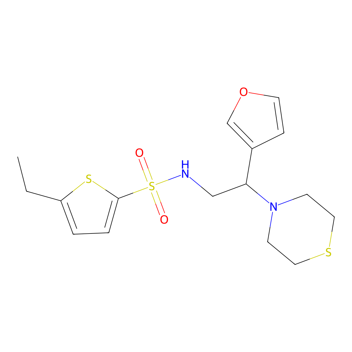 5-ethyl-N-(2-(furan-3-yl)-2-thiomorpholinoethyl)thiophene-2-sulfonamide molecular structure, CAS 2034546-95-5