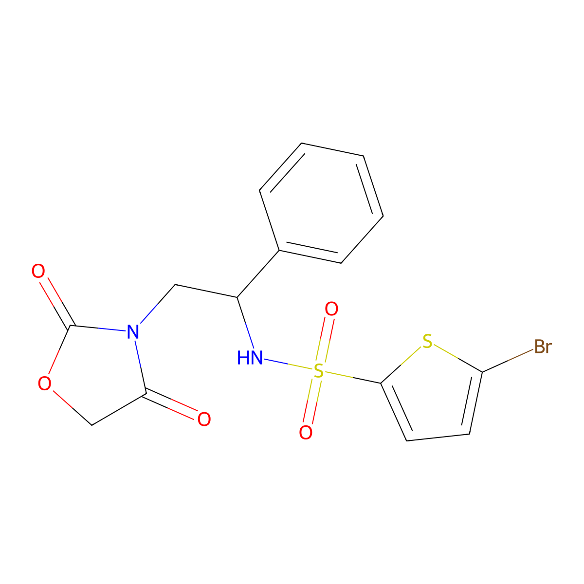 5-bromo-N-(2-(2,4-dioxooxazolidin-3-yl)-1-phenylethyl)thiophene-2-sulfonamide molecular structure, CAS 2034546-96-6
