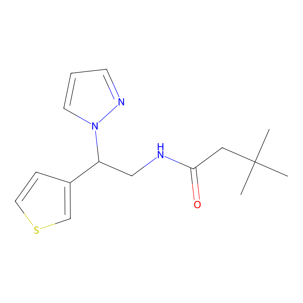 N-(2-(1H-pyrazol-1-yl)-2-(thiophen-3-yl)ethyl)-3,3-dimethylbutanamide molecular structure, CAS 2034547-02-7
