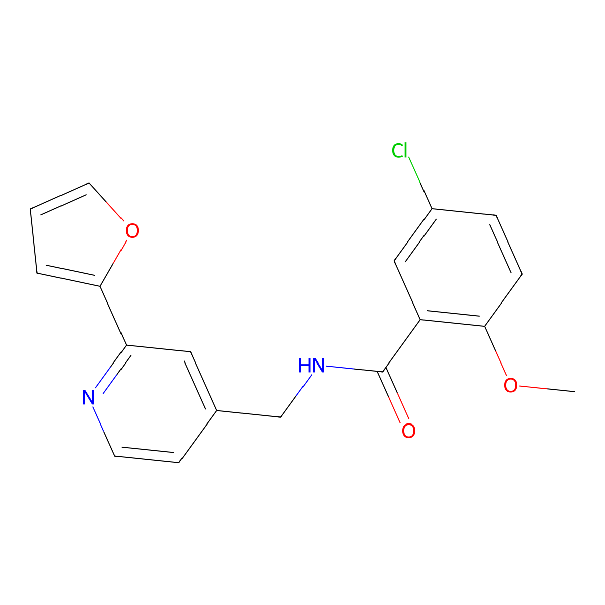 5-chloro-N-((2-(furan-2-yl)pyridin-4-yl)methyl)-2-methoxybenzamide molecular structure, CAS 2034547-13-0