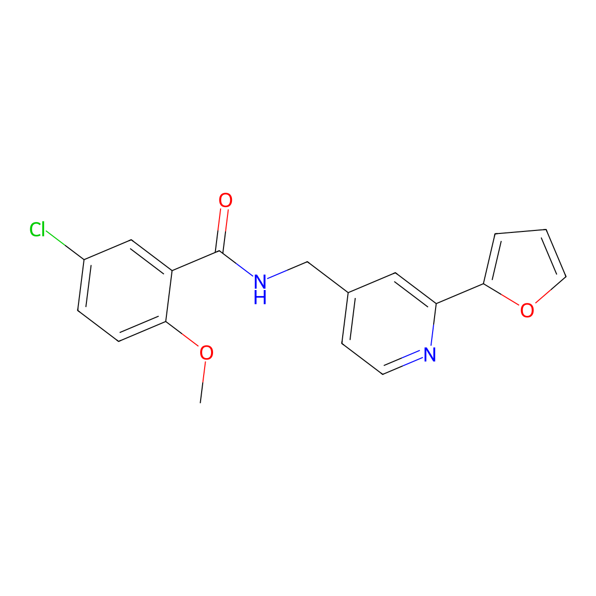 5-chloro-N-((2-(furan-2-yl)pyridin-4-yl)methyl)-2-methoxybenzamide molecular structure, CAS 2034547-13-0