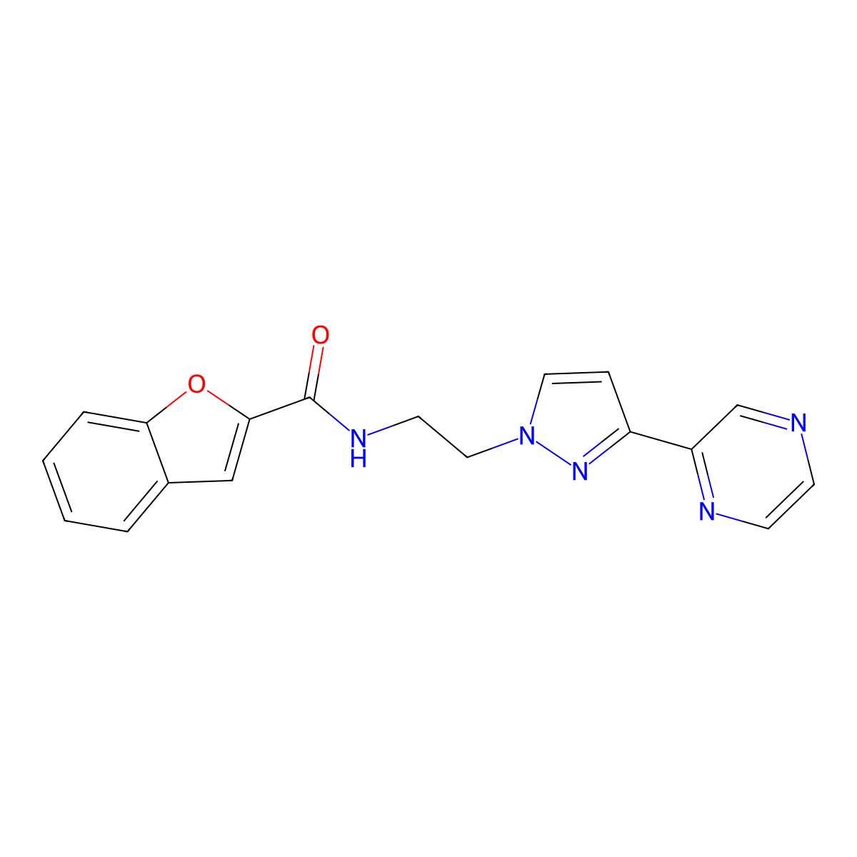 N-(2-(3-(pyrazin-2-yl)-1H-pyrazol-1-yl)ethyl)benzofuran-2-carboxamide molecular structure, CAS 2034547-54-9
