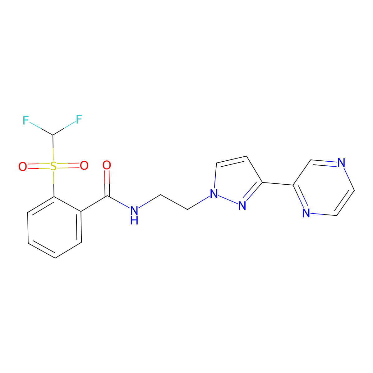 2-((difluoromethyl)sulfonyl)-N-(2-(3-(pyrazin-2-yl)-1H-pyrazol-1-yl)ethyl)benzamide molecular structure, CAS 2034547-69-6