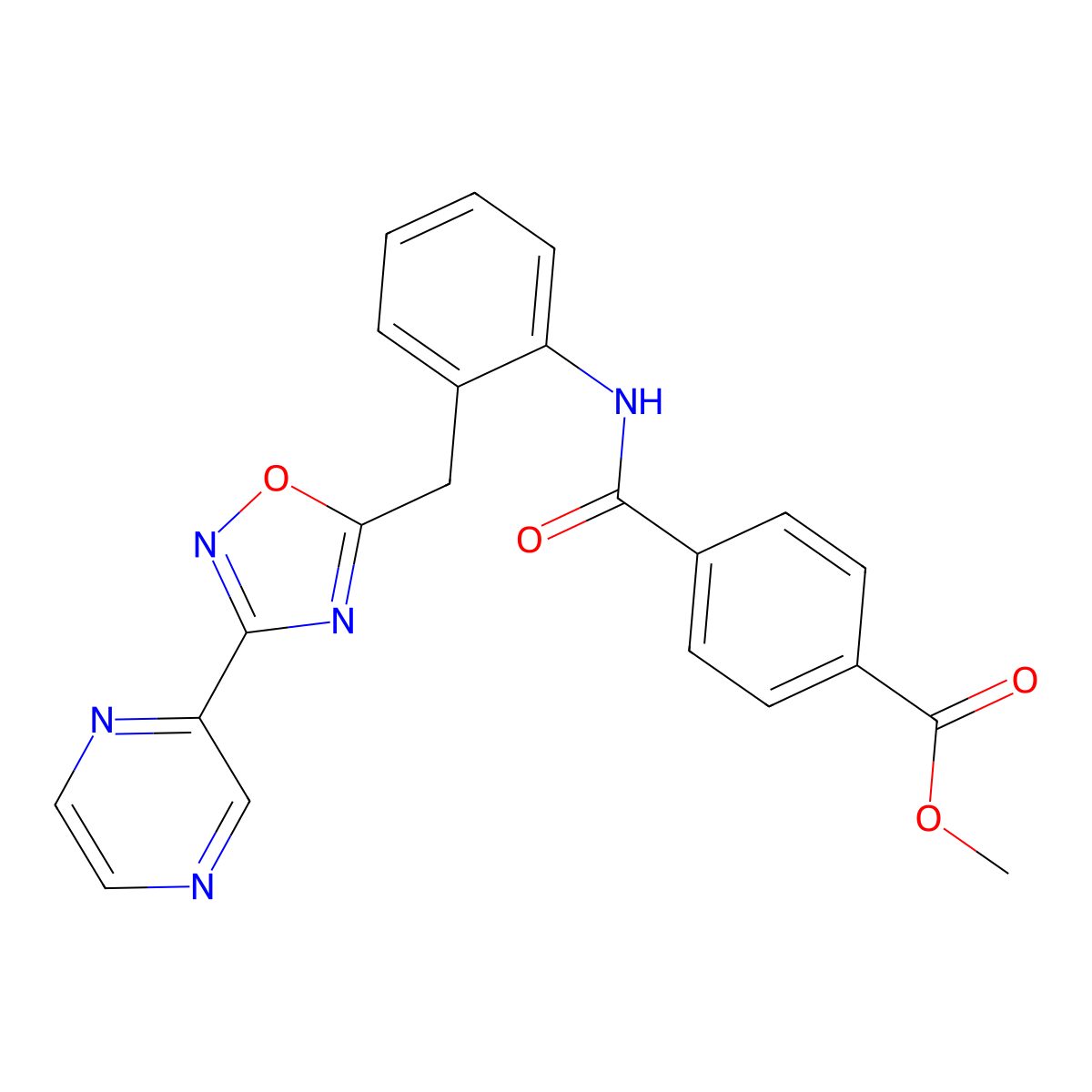 Methyl 4-[(2-{[3-(pyrazin-2-yl)-1,2,4-oxadiazol-5-yl]methyl}phenyl)carbamoyl]benzoate molecular structure, CAS 2034547-75-4