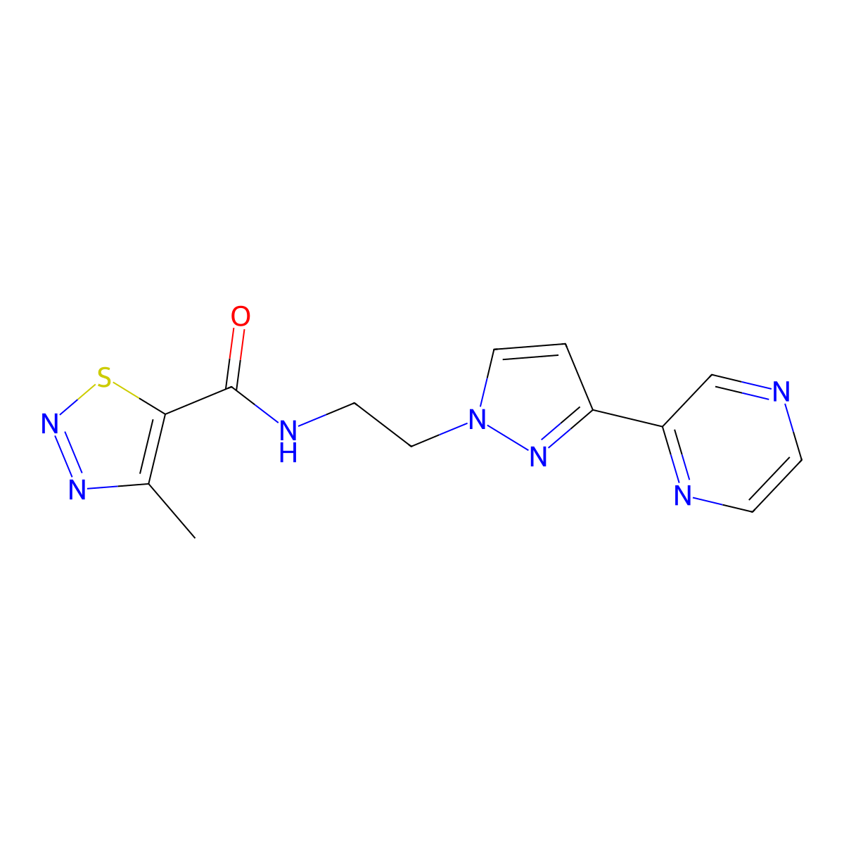 4-methyl-N-{2-[3-(pyrazin-2-yl)-1H-pyrazol-1-yl]ethyl}-1,2,3-thiadiazole-5-carboxamide molecular structure, CAS 2034547-77-6