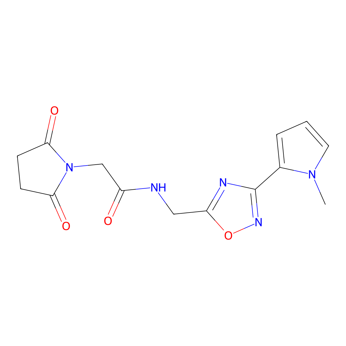 2-(2,5-dioxopyrrolidin-1-yl)-N-{[3-(1-methyl-1H-pyrrol-2-yl)-1,2,4-oxadiazol-5-yl]methyl}acetamide molecular structure, CAS 2034547-83-4
