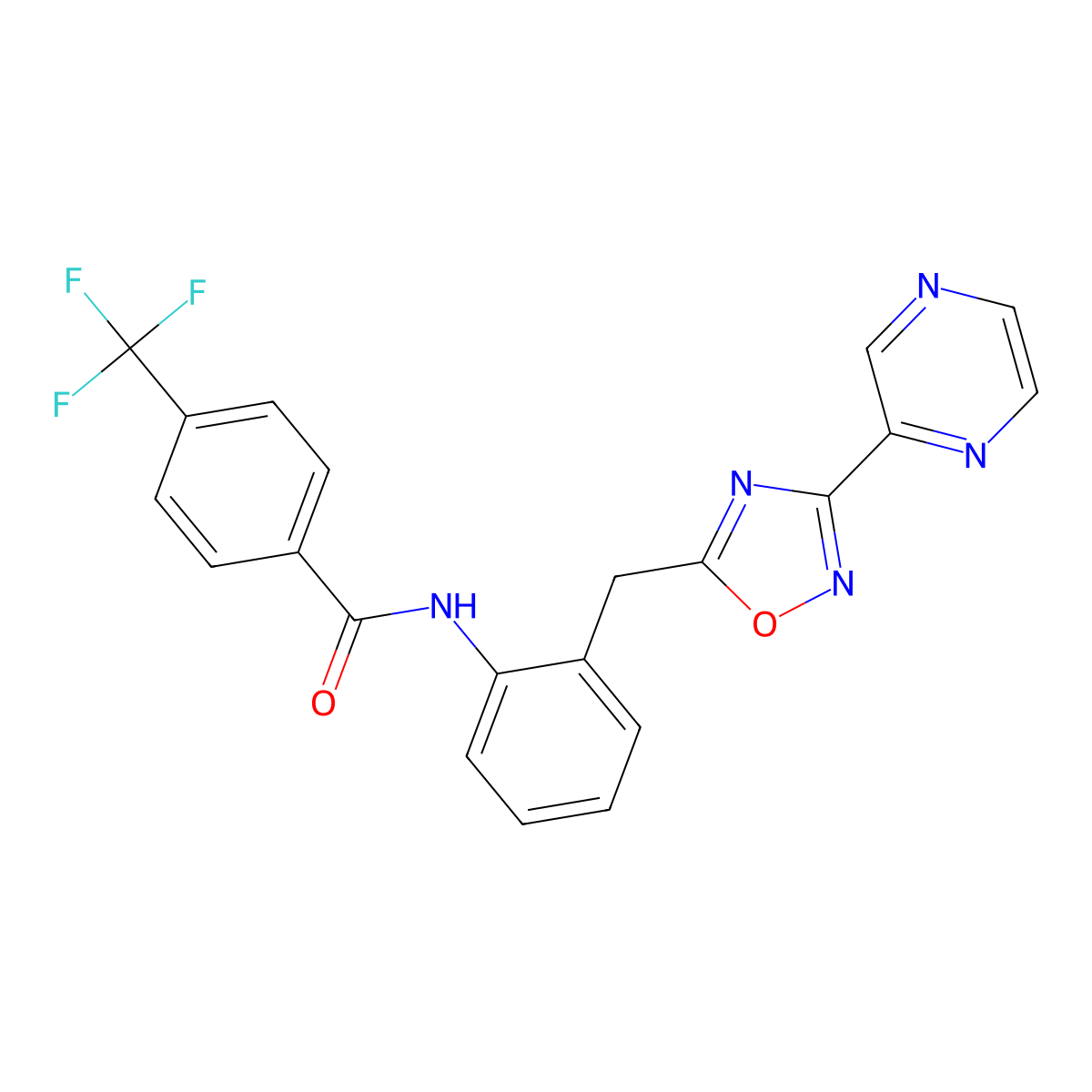 N-(2-((3-(pyrazin-2-yl)-1,2,4-oxadiazol-5-yl)methyl)phenyl)-4-(trifluoromethyl)benzamide molecular structure, CAS 2034547-84-5