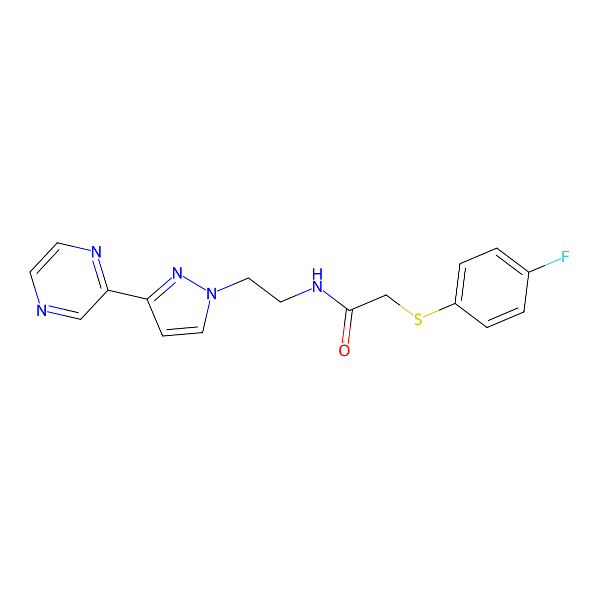 2-((4-fluorophenyl)thio)-N-(2-(3-(pyrazin-2-yl)-1H-pyrazol-1-yl)ethyl)acetamide molecular structure, CAS 2034547-87-8