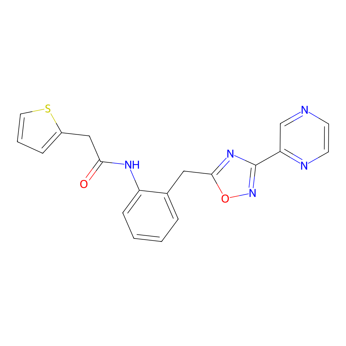 N-(2-((3-(pyrazin-2-yl)-1,2,4-oxadiazol-5-yl)methyl)phenyl)-2-(thiophen-2-yl)acetamide molecular structure, CAS 2034547-96-9