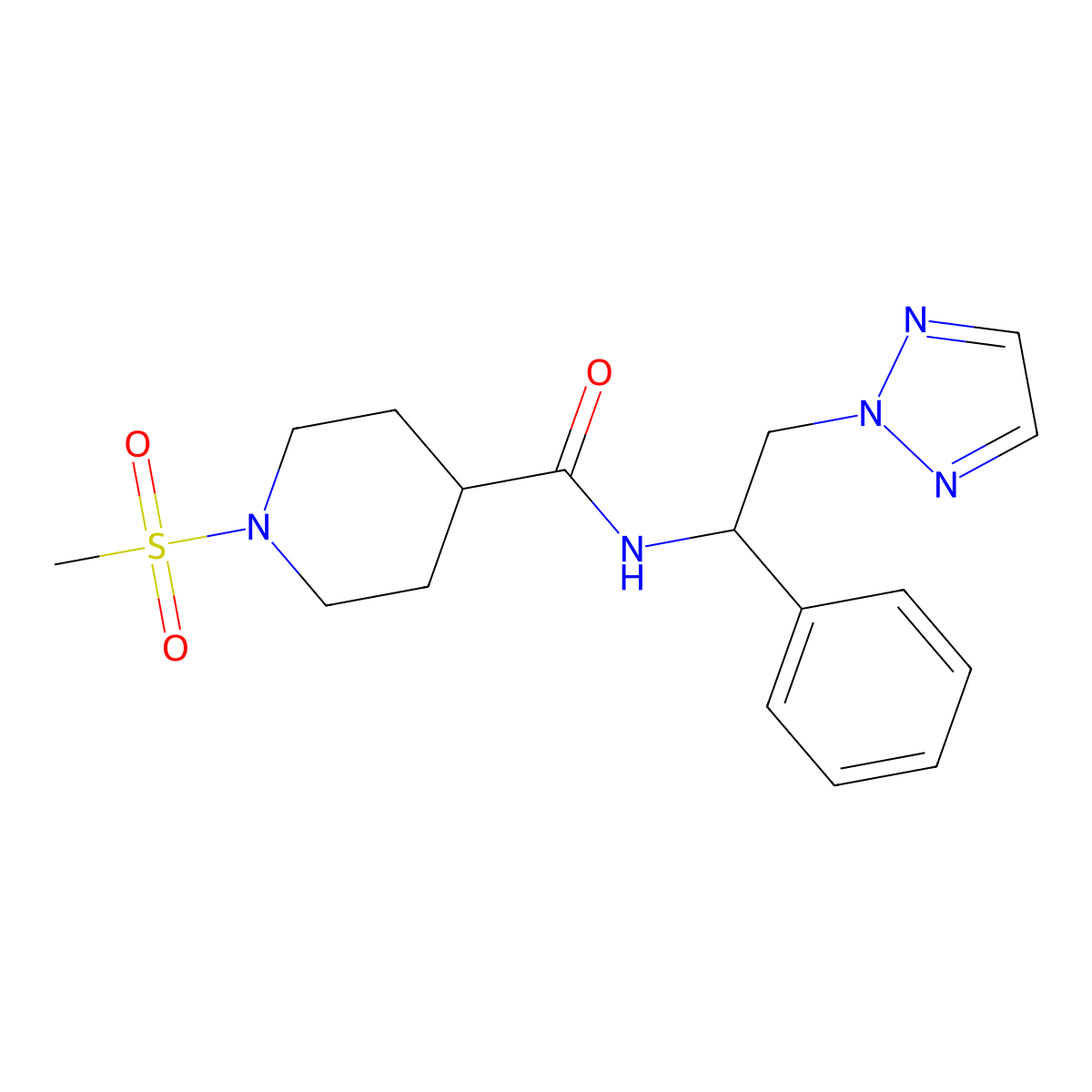 1-(methylsulfonyl)-N-(1-phenyl-2-(2H-1,2,3-triazol-2-yl)ethyl)piperidine-4-carboxamide molecular structure, CAS 2034548-00-8
