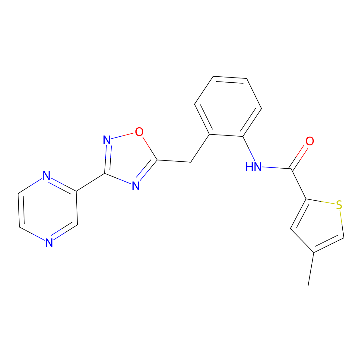 4-methyl-N-(2-((3-(pyrazin-2-yl)-1,2,4-oxadiazol-5-yl)methyl)phenyl)thiophene-2-carboxamide molecular structure, CAS 2034548-08-6