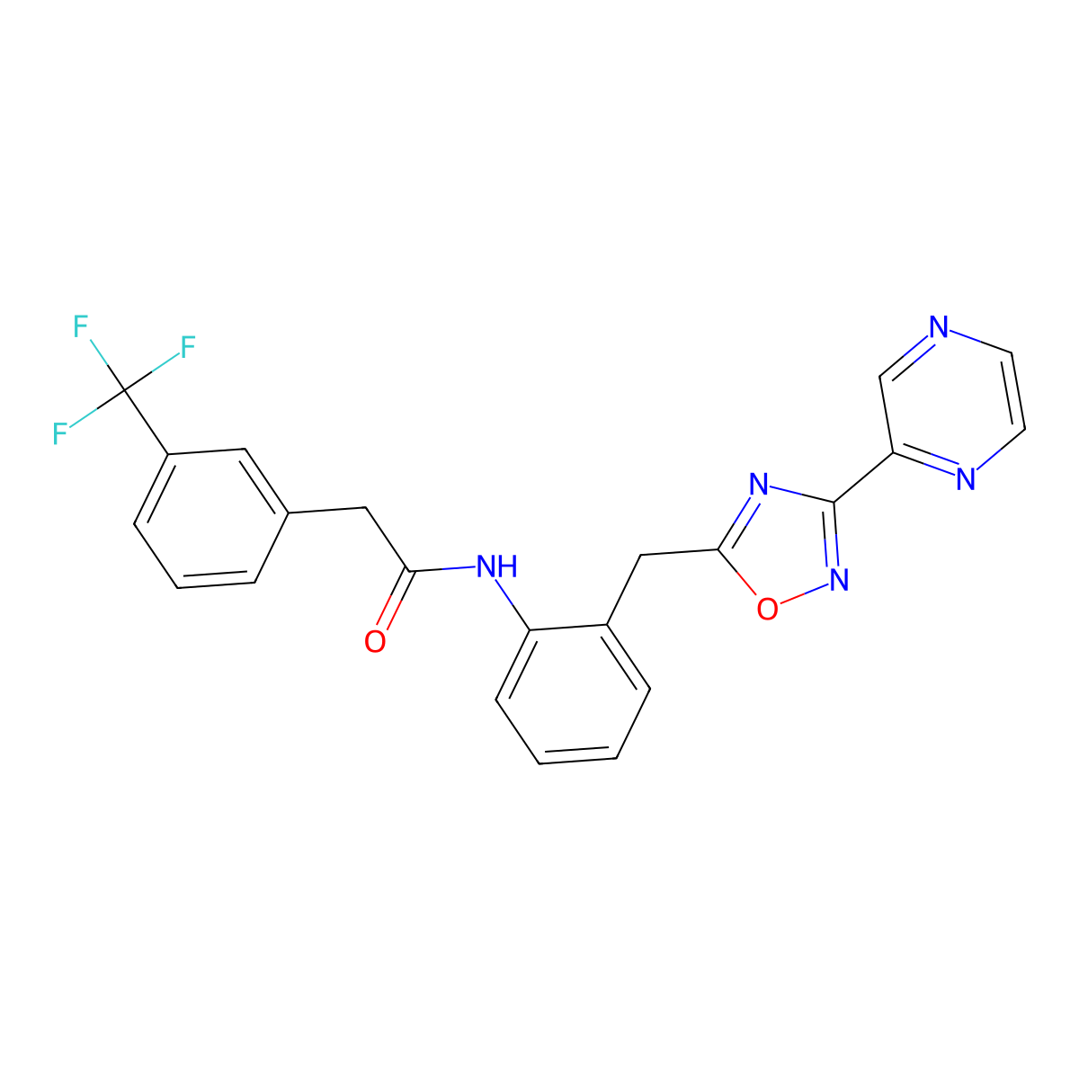 N-(2-((3-(pyrazin-2-yl)-1,2,4-oxadiazol-5-yl)methyl)phenyl)-2-(3-(trifluoromethyl)phenyl)acetamide molecular structure, CAS 2034548-13-3