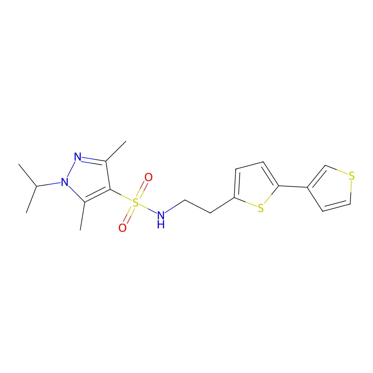 N-(2-([2,3'-bithiophen]-5-yl)ethyl)-1-isopropyl-3,5-dimethyl-1H-pyrazole-4-sulfonamide molecular structure, CAS 2034548-15-5