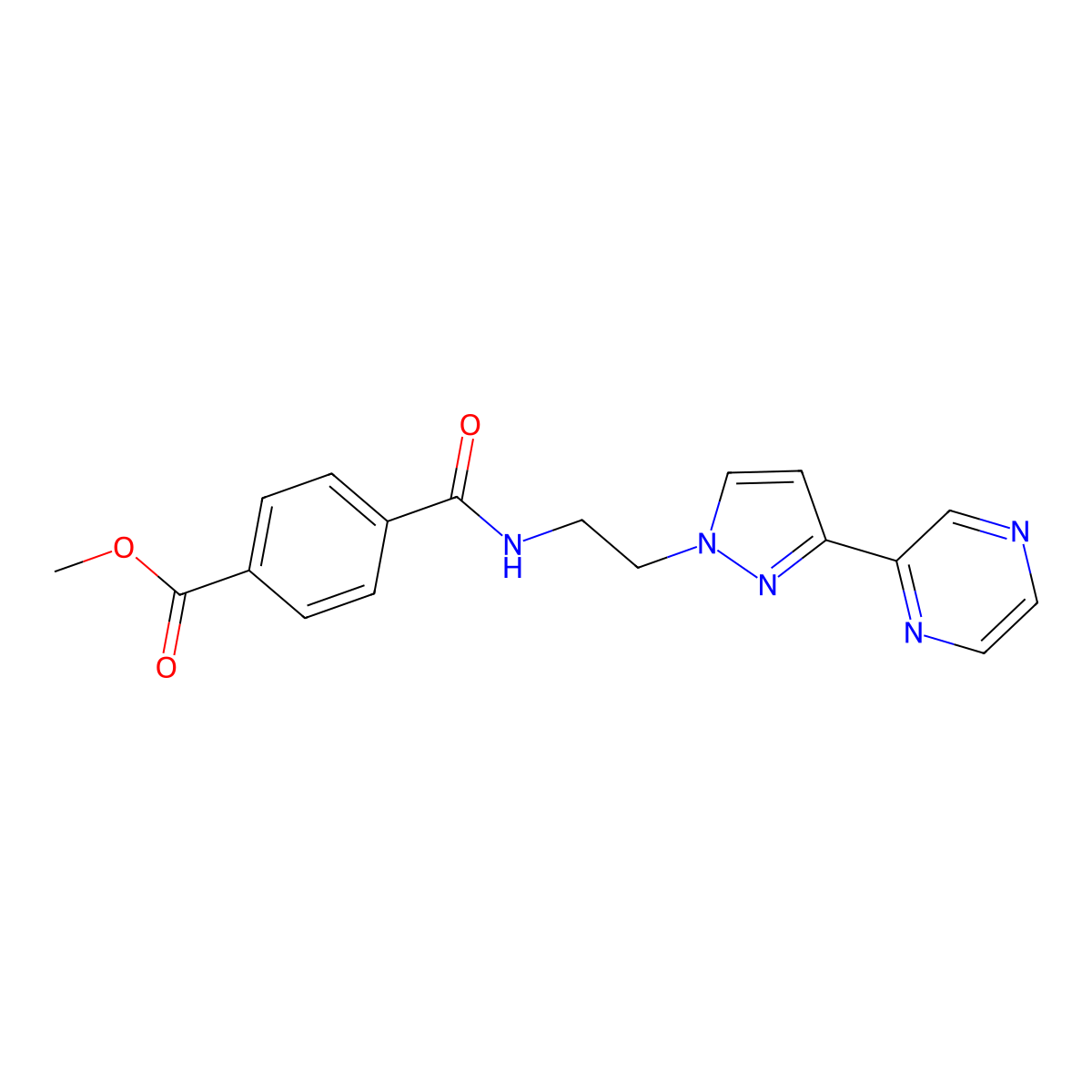 methyl 4-({2-[3-(pyrazin-2-yl)-1H-pyrazol-1-yl]ethyl}carbamoyl)benzoate molecular structure, CAS 2034548-18-8